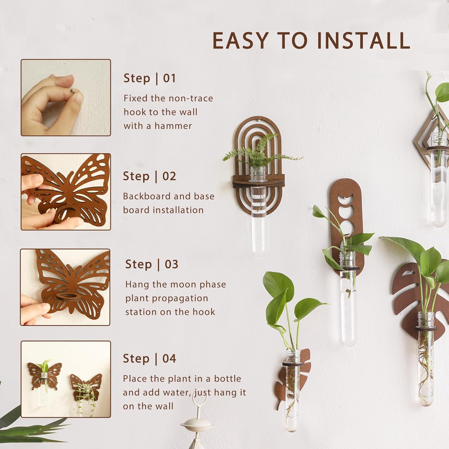 Artilady 2 Pack Plant Propagation Station Butterfly Wall Hanging Wood Plant Terrarium for Hydroponics Home Office Decor Test Tube Propagate Air Cutting Holder