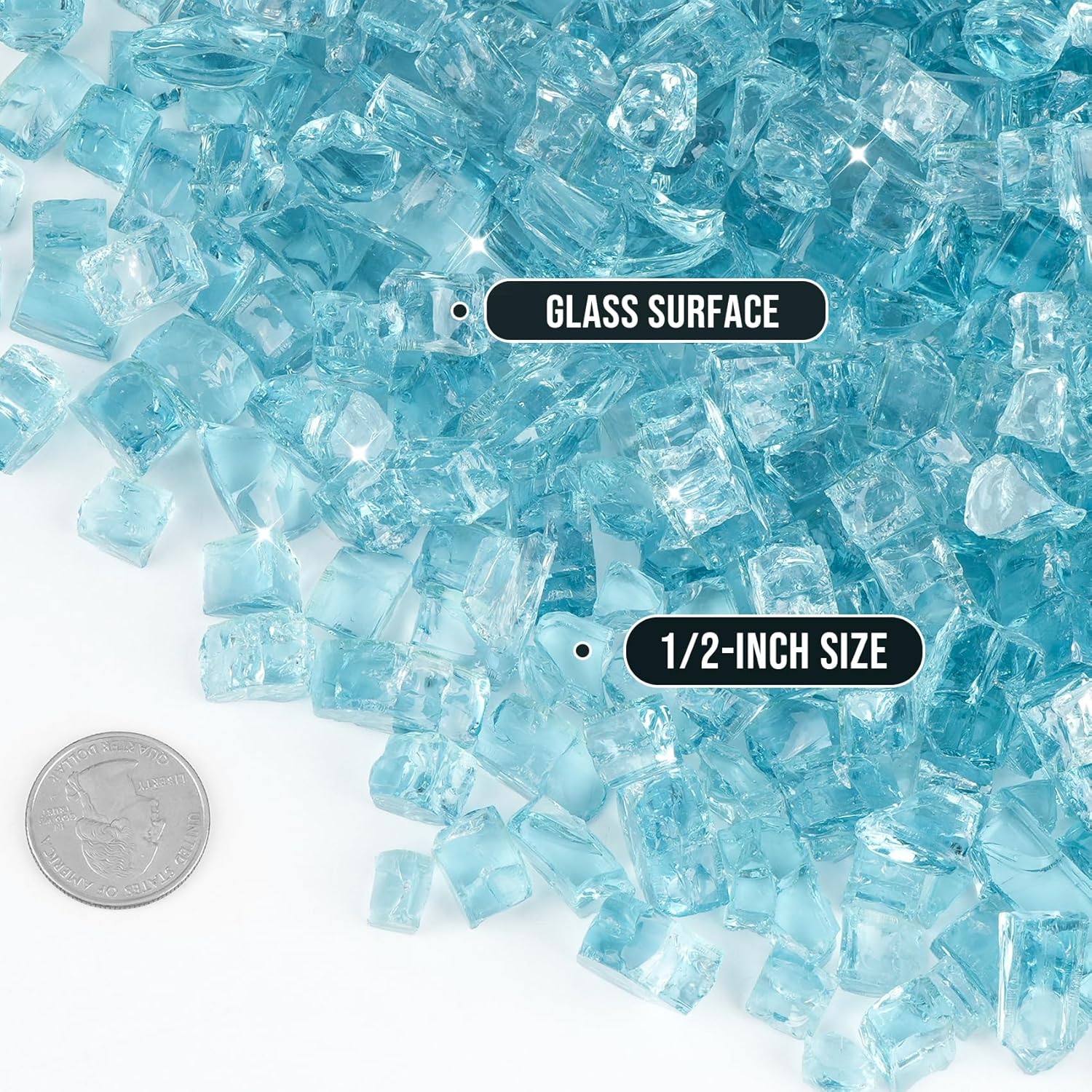 Skyflame High Luster 10-Pound Fire Glass for Fire Pit Fireplace Landscaping (1/2", Aqua Blue)