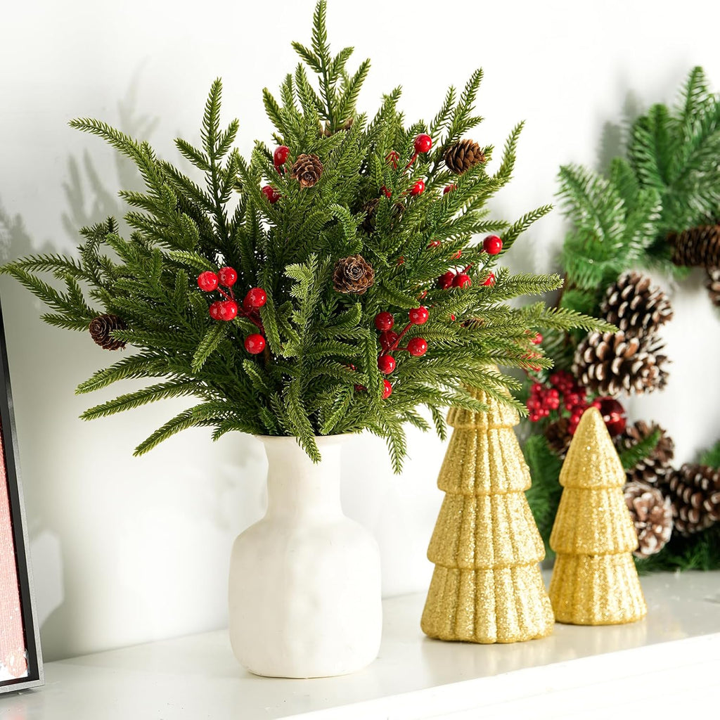 YIYA Christmas Artificial Pine Branches Artificial Norfolk Pine Stems with Red Berry Stems Faux Pine Needles with Pine Cones for Vase Garland Wreath Xmas Decor