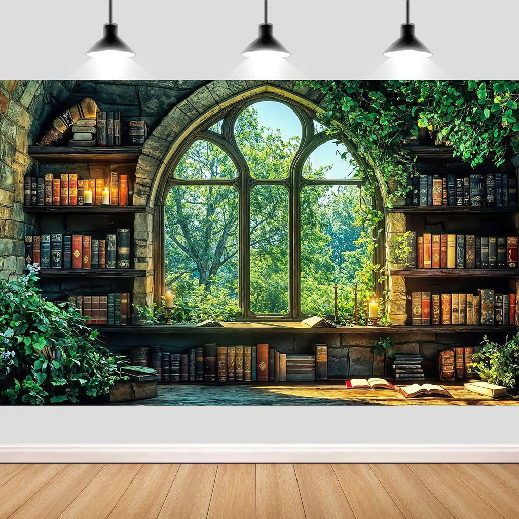 10X8ft Vintage Forest Bookshelf Backdrop Retro Green Forest Library Window Photography Background Photo Studio Props for The World Book Day Birthday Party Decor