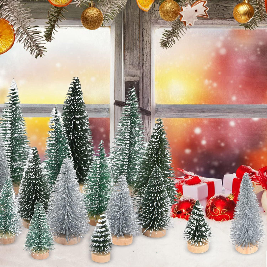 DearHouse 30PCS Artificial Mini Christmas Trees, Mini Pine Tree Sisal Trees with Wood Base Bottle Brush Trees for Christmas Table Top Decor Winter Crafts Ornaments (Silver, 30)
