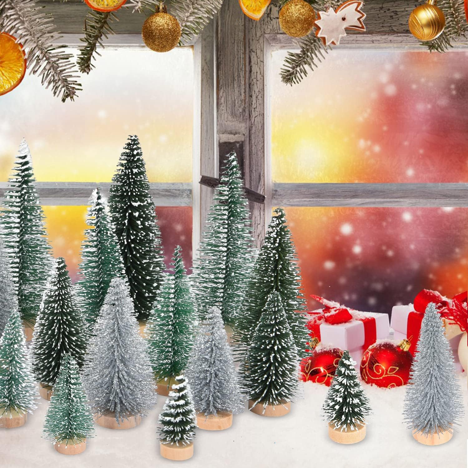 DearHouse 30PCS Artificial Mini Christmas Trees, Mini Pine Tree Sisal Trees with Wood Base Bottle Brush Trees for Christmas Table Top Decor Winter Crafts Ornaments (Silver, 30)