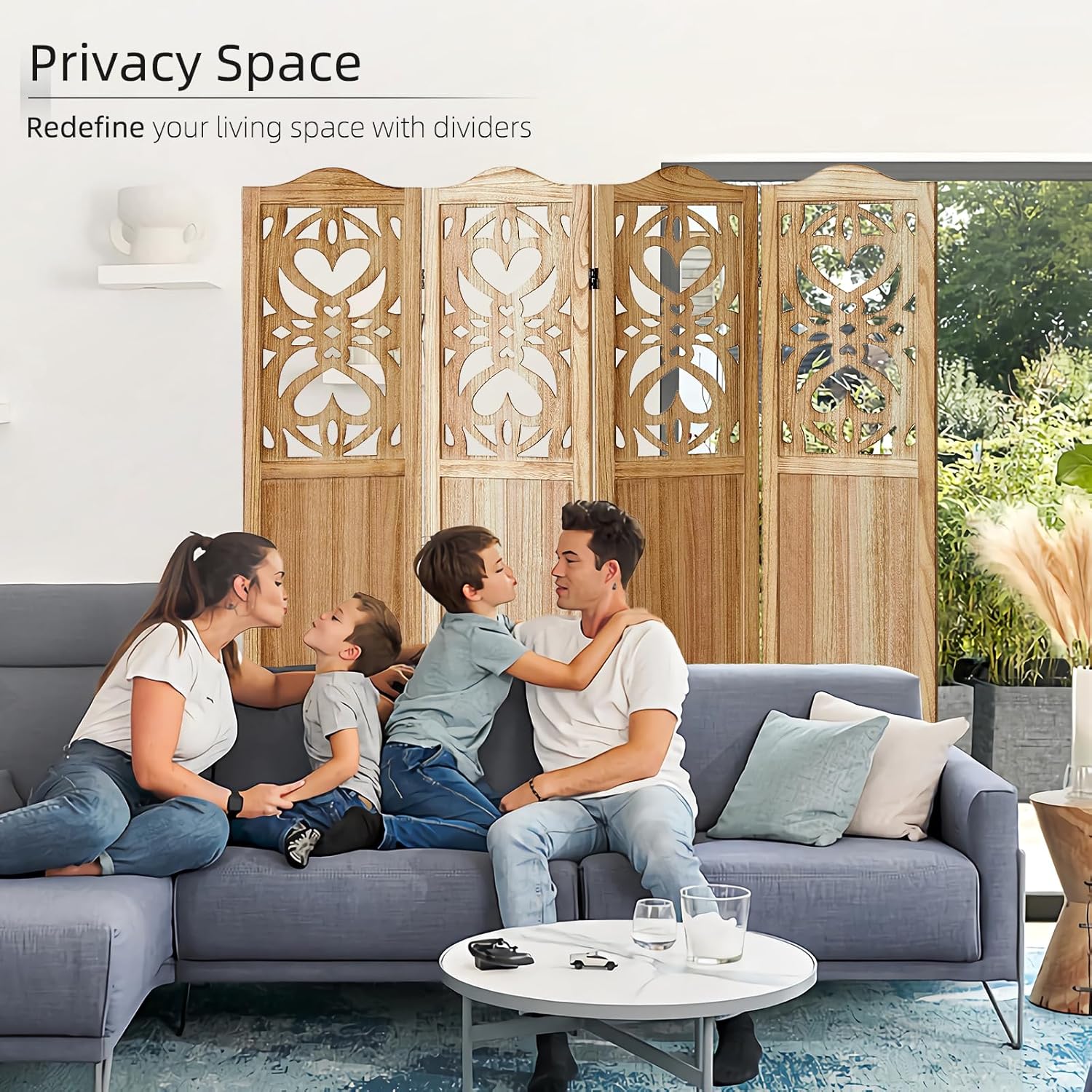 4 Panels Room Divider, 5.6Ft Carved Room Divider Wall and Foldable Divider Screens, Folding Privacy Screen, Folding Portable Partition Screen, Creative Divider Panel - Natural
