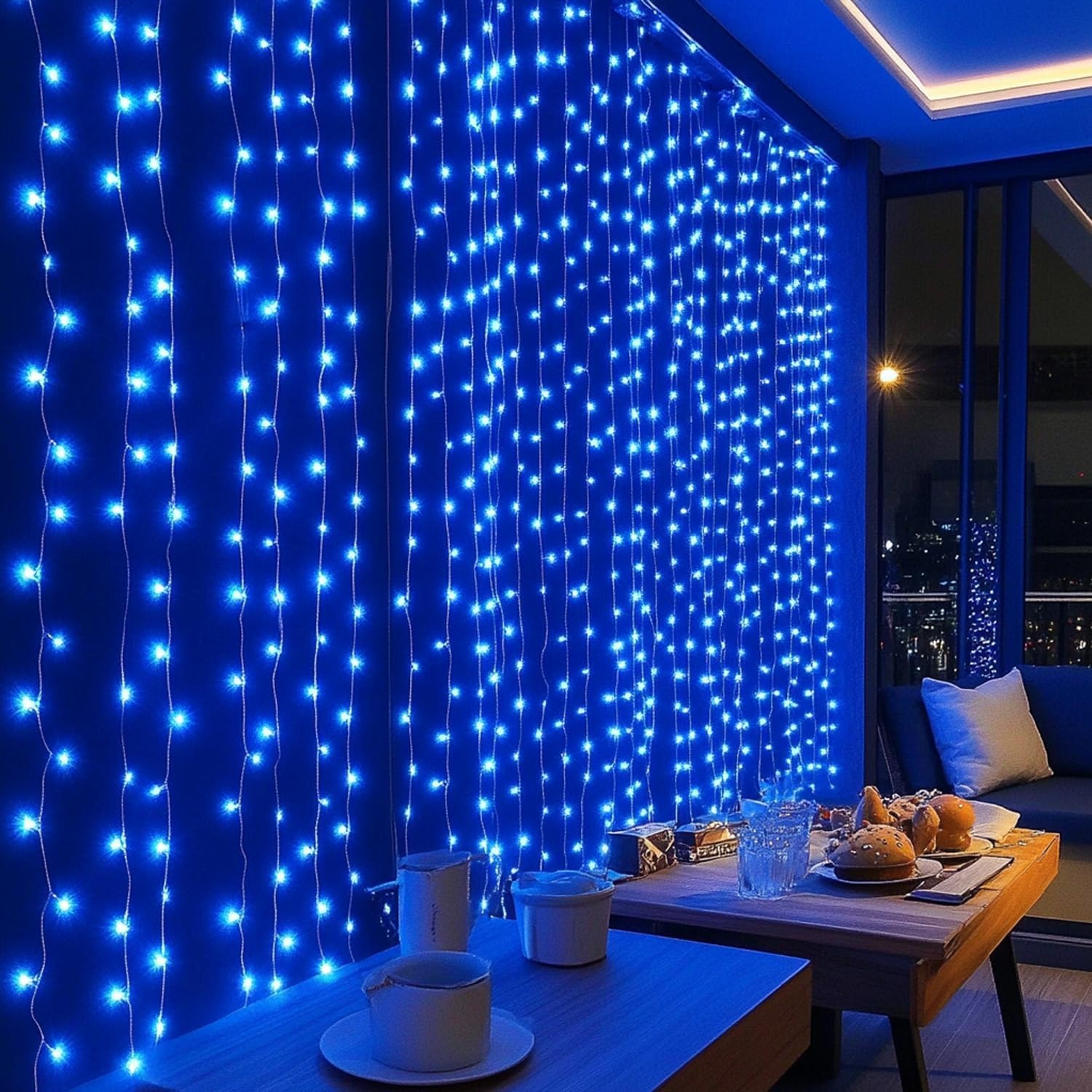 Dazzle Bright 300 LED Curtain String Lights, Christmas Fairy Lights for Bedroom with 8 Lighting Modes, Connectable Waterproof Window Lights Party Wedding Garden Wall Decor, Blue
