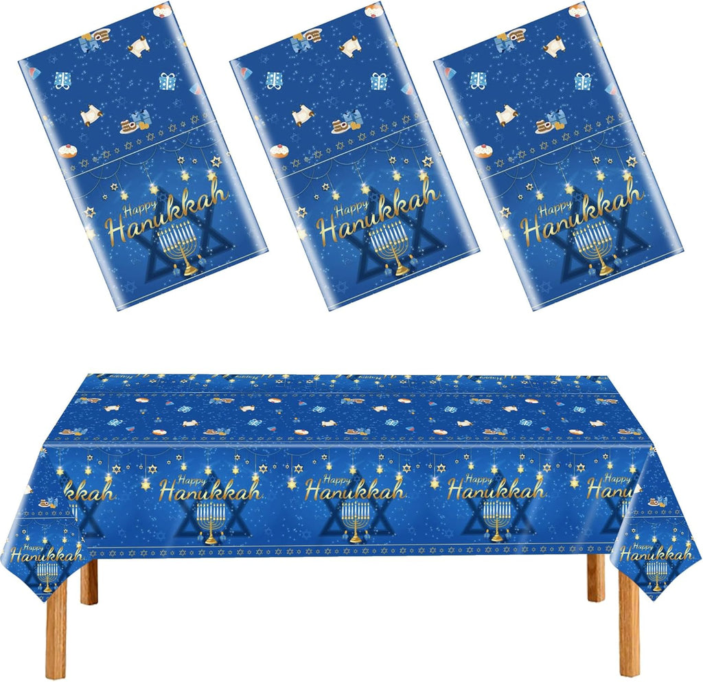 3Pcs Hanukkah Tablecloth Rectangle Plastic Jewish Chanukah Party Table Cover Hanukkah Theme Decorations for Jewish Festival Holiday Party Supplies 54x108 inch