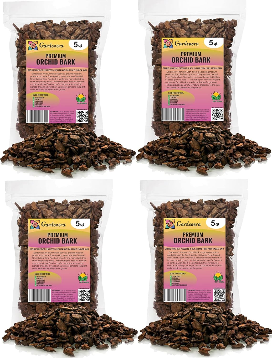 GARDENERA New Zealand Pinus Radiata Bark - 20 Quart - Organic Hand Mixed New Zealand Orchiata Pine Bark for Orchids - Medium Chips 9-12mm - (4 Bags of 5 Quart)