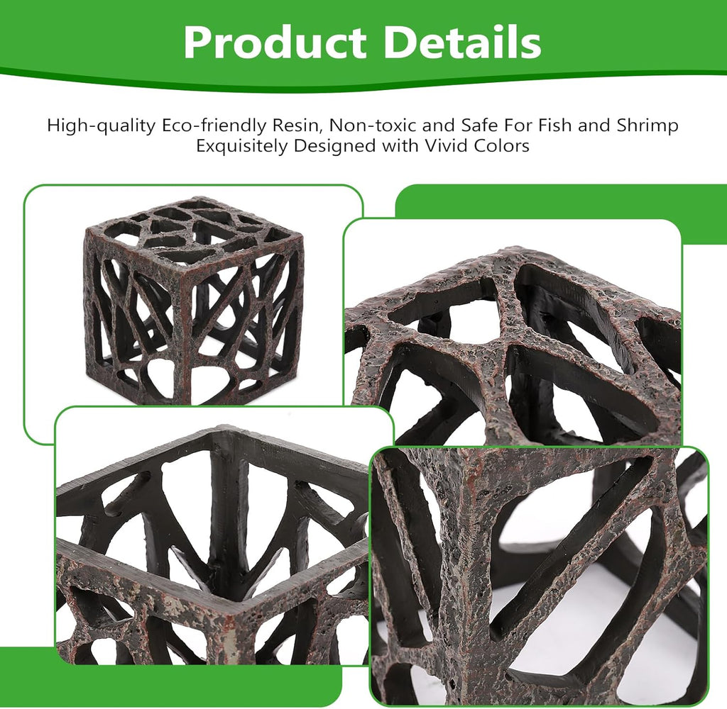 Cube Aquarium Decoration Resin-Modern Hollow Geometric Fish Tank Ornament for Shrimp & Plant Tanks-Approx. 4.1" L x 4.1" W x 4.1" H(Cube)