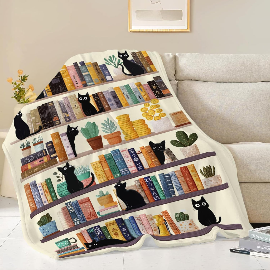 Black Cat Throw Blanket Book Cat Bookshelf Stuff Gifts for Kids Girls Boys Adults Women Men Soft Cozy Warm Plush Fluffy Fuzzy Fleece Blanket Decor 50''X60''