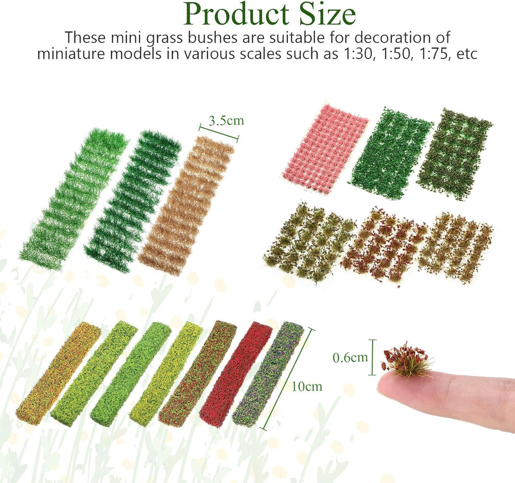 Redbaker 288 Pcs Static Grass Tuft Flower Cluster Vegetation Groups Self Adhesive Artificial Model Grass Tufts DIY Miniature Colorful Flower for Terrain Railway Scenery Table Landscape (Mixed Style)