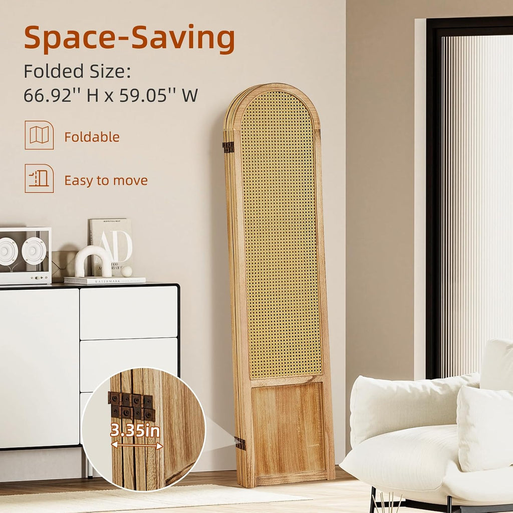 4 Panel Room Dividers and Folding Privacy Screens, Hand-Made Rattan Room Divider with Bi-Directional Hinge, Pre-Assembled Wood Room Divider Wall for Home Office Bedroom, Light Brown