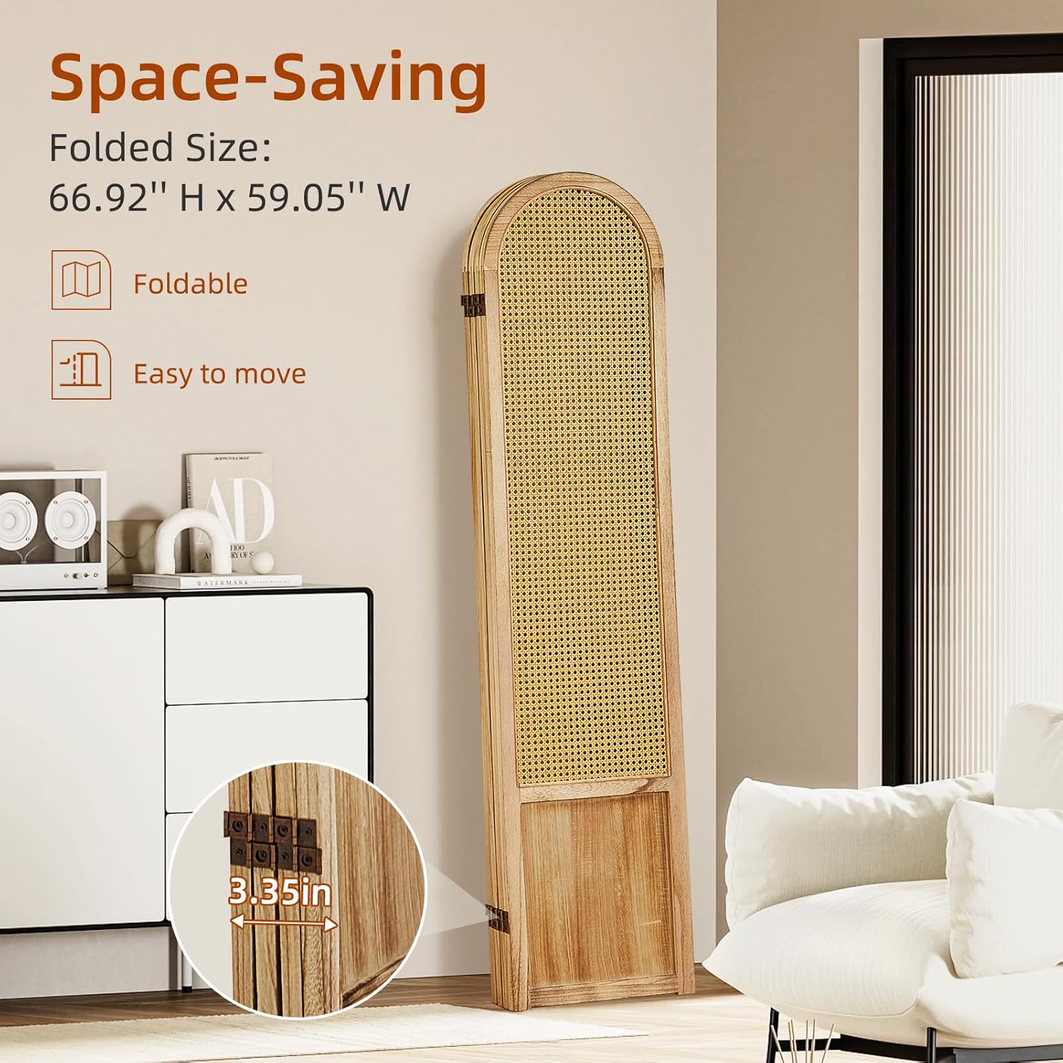 4 Panel Room Dividers and Folding Privacy Screens, Hand-Made Rattan Room Divider with Bi-Directional Hinge, Pre-Assembled Wood Room Divider Wall for Home Office Bedroom, Light Brown