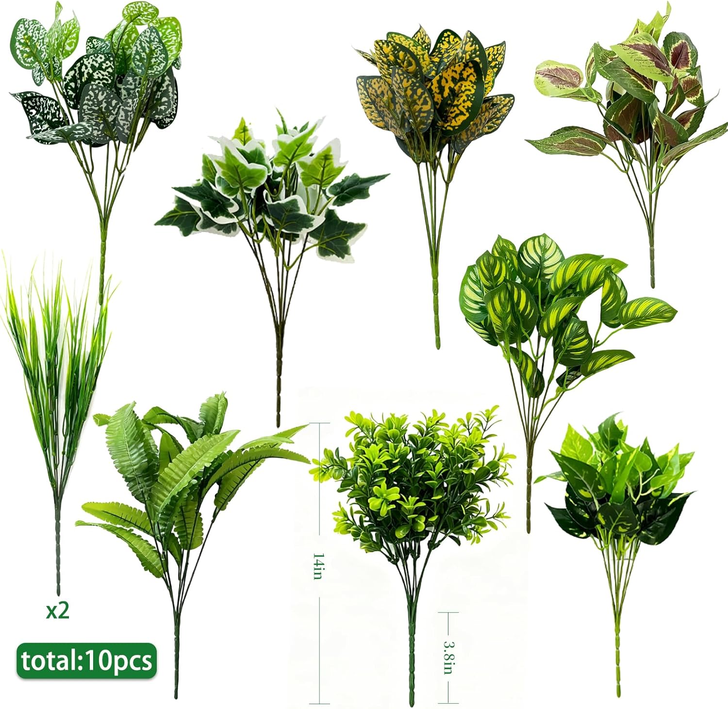 Artificial Plants Outdoor 10 Bundles(Artificial Greenery Fake Plants, Large Bunches Faux Plants with Stems and Plastic Leaves, Outdoor Bushes for Patio Front Porch Yard Garden Decor)