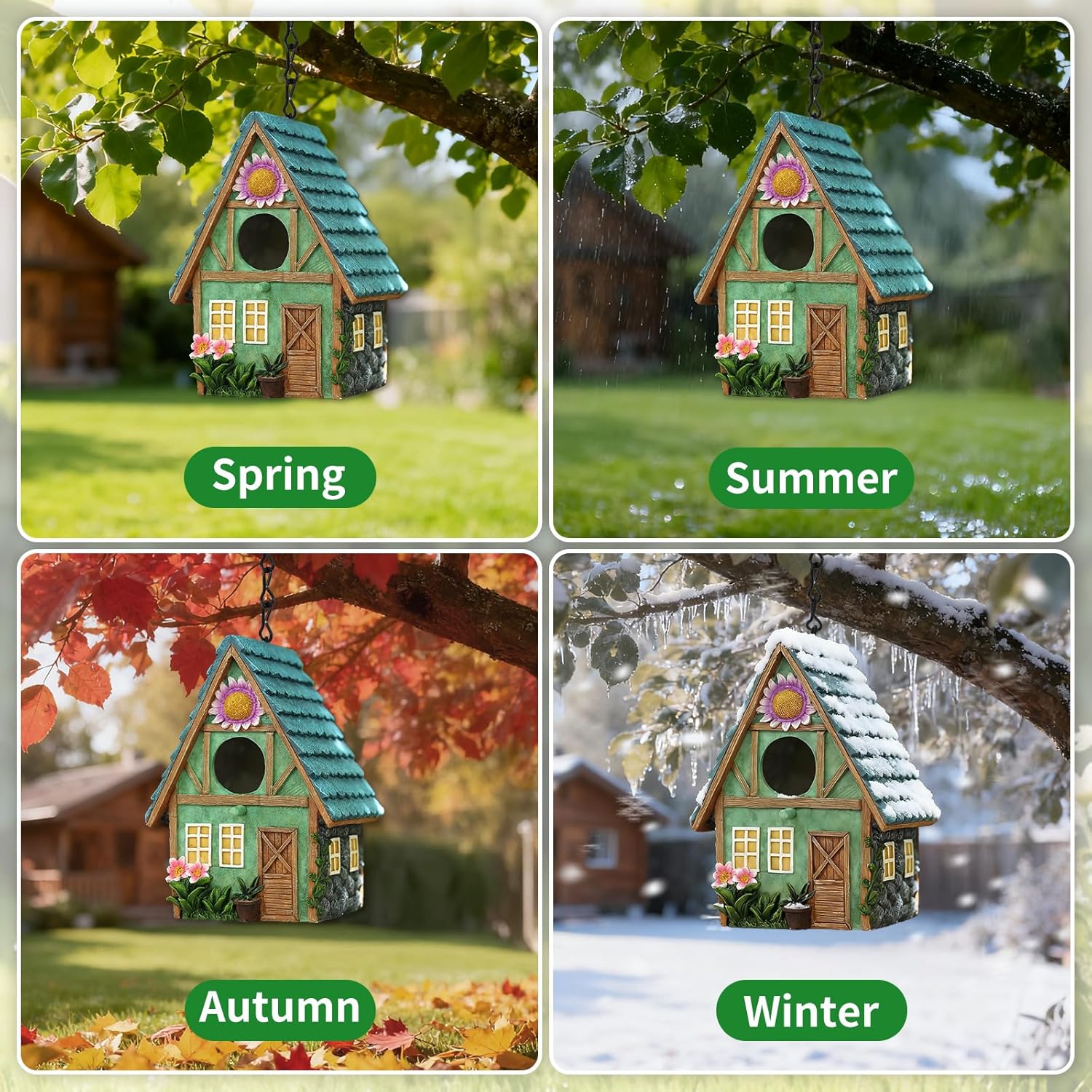 Bird Houses for Outside Cottage-Style Hanging Birdhouse with Flower Accents – Hand-Painted Resin Decorative Bird House for Outdoors for Hummingbird Finches Cardinals Bird Nesting Garden, Patio, Yard