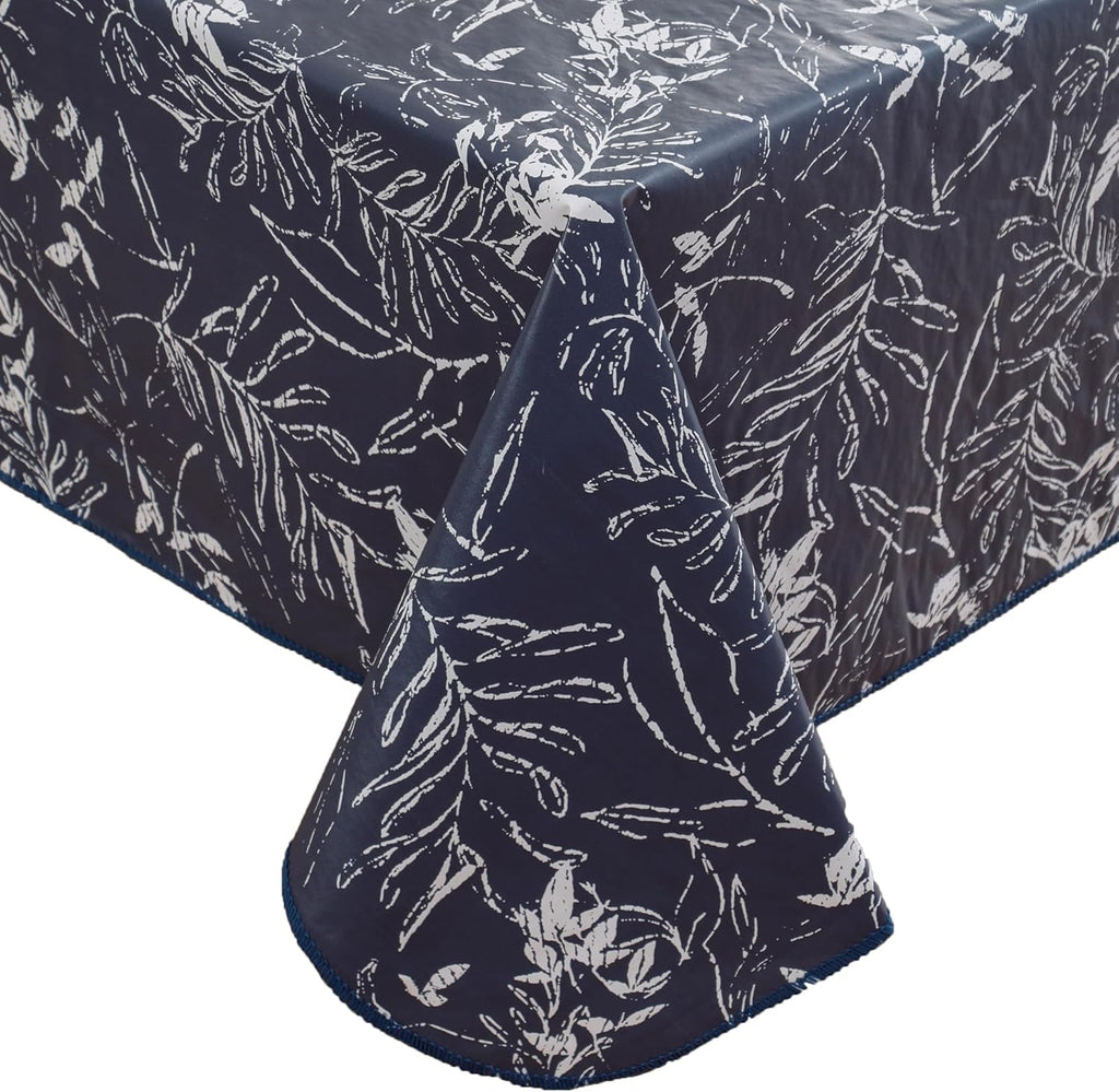 Heavy Duty Vinyl Tablecloth with Flannel Backing Waterproof Oil-Proof Plastic Table Cloth Stain-Resistant Wipeable Rectangle or Square Table Cover for Indoor and Outdoor (Blue Leaf，60x102 Inch)