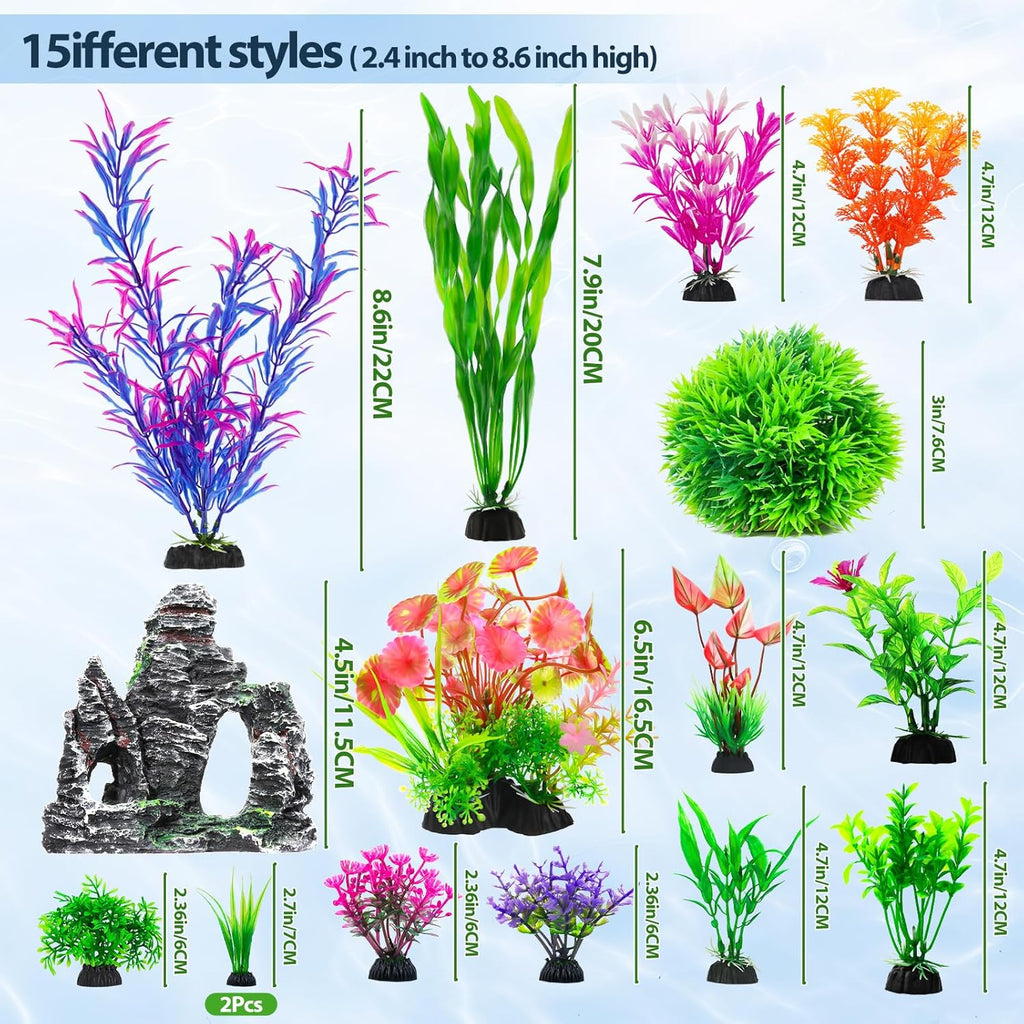CousDUoBe 16Pcs Aquarium Plants Cave Rock Decor Set& Fish Tank Artificial PlasticPlants,Fish Tank Accessories Small Large Aquarium Decorations Kit