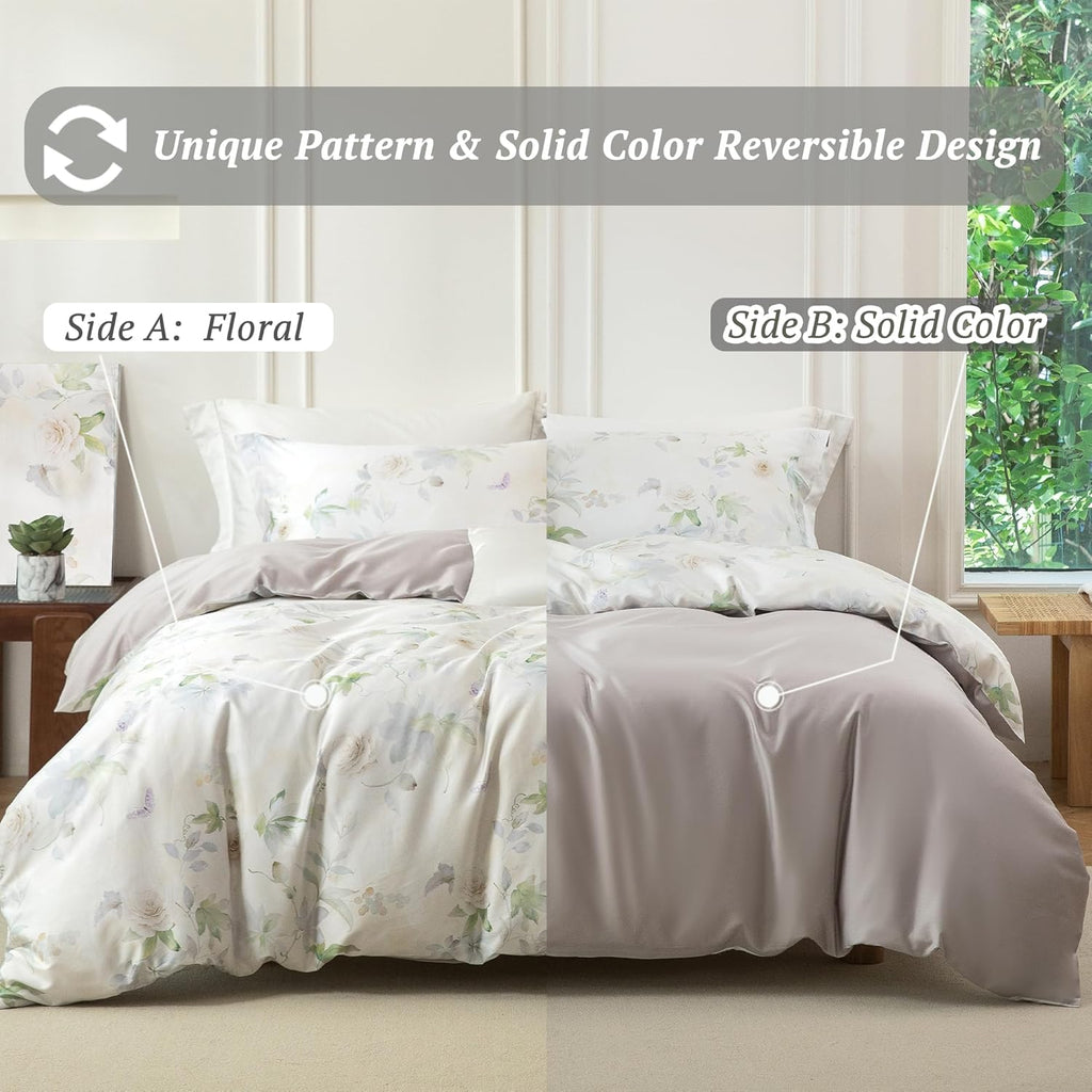 MILDLY Twin Size Duvet Cover Set 100% Long-Staple Cotton Luxury White Floral Patten Reversible Comforter Cover Set 2Pcs