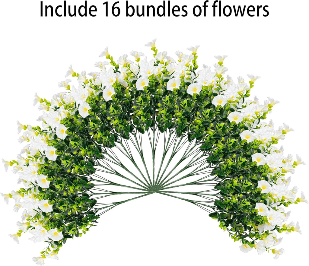 Artificial Outdoor Flowers 16 Bundles Fake Morning Glory Flower Outdoor UV Resistant Plastic Faux Flowers Plants for Decoration Indoor Outdoor Hanging Window Box Planter Home Porch Decor (White)