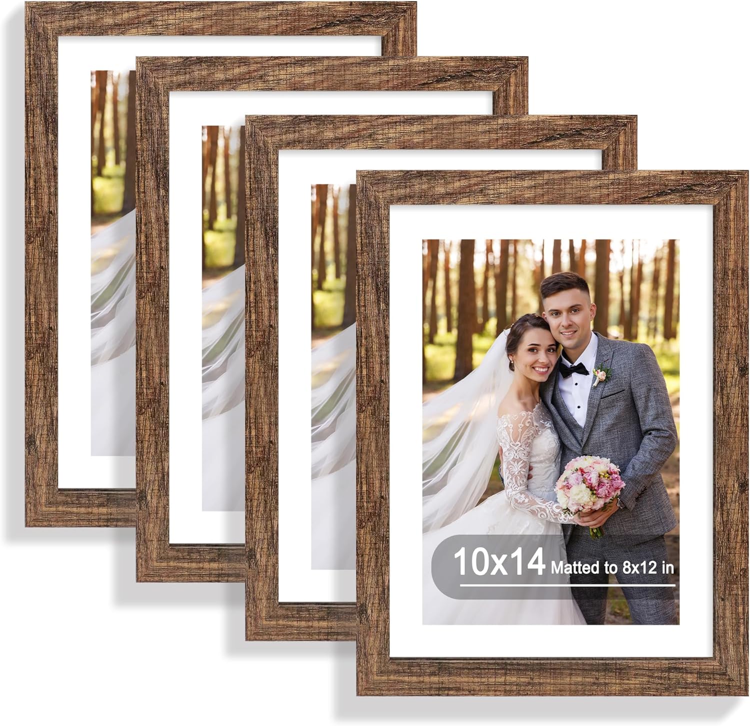 10x14 Picture Frame Set of 4, Made of Glass and Rustic Brown Wooden Frame, Display 8x12 Pictures with Mat or 30 x 40cm Diamond Painting Art without Mat for Wall Mounting, Gallery Photo Frames