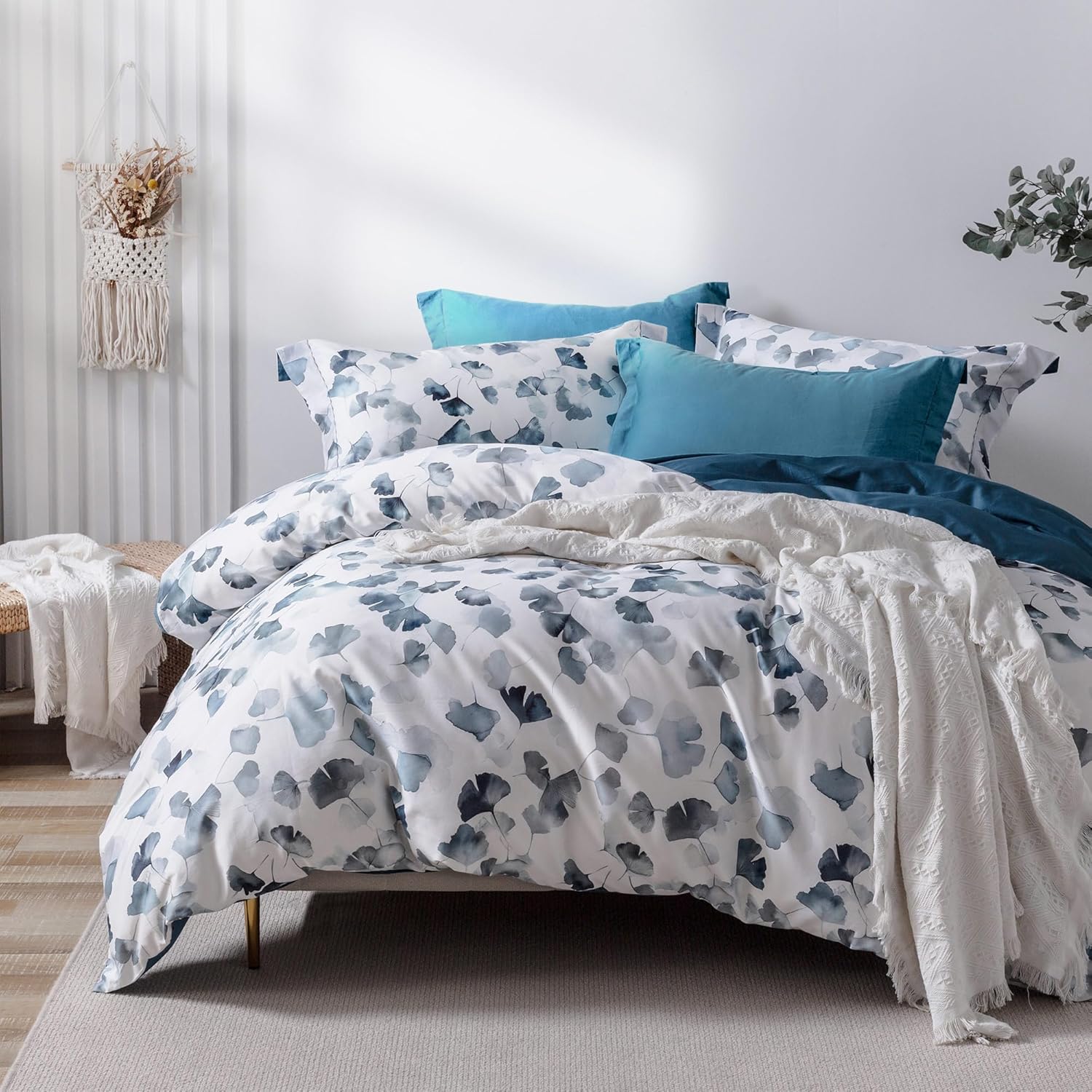 MILDLY 100% Long-Staple Cotton Duvet Cover Set Light Navy Ginkgo Leaf Pattern Printed Comforter Cover 3pcs, Ultra Soft & Breathable Bedding Set