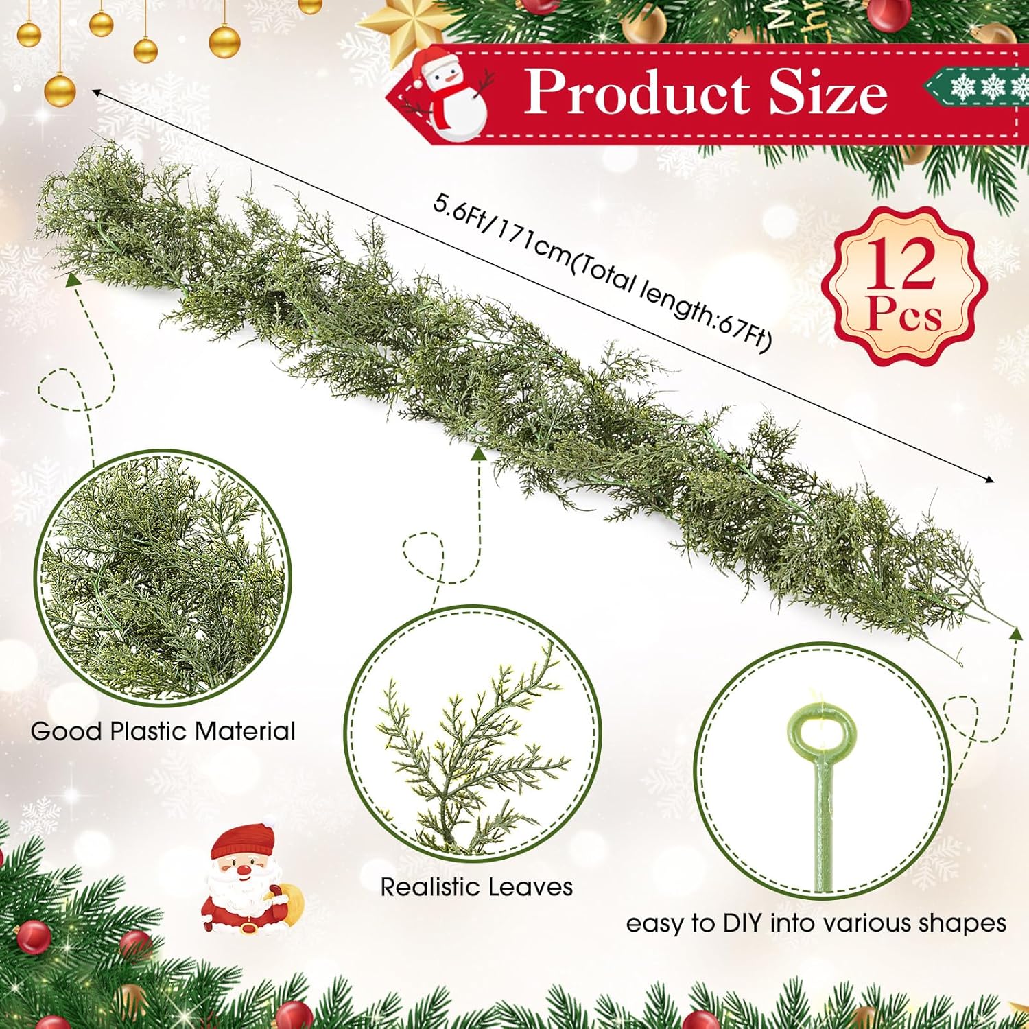 12 Pcs 5.6ft Artificial Christmas Garland Faux Cedar Cypress Garlands Realistic Leaves Hanging Greenery Plant for Christmas Table Fireplace Wall Mantle Indoor Xmas Decor