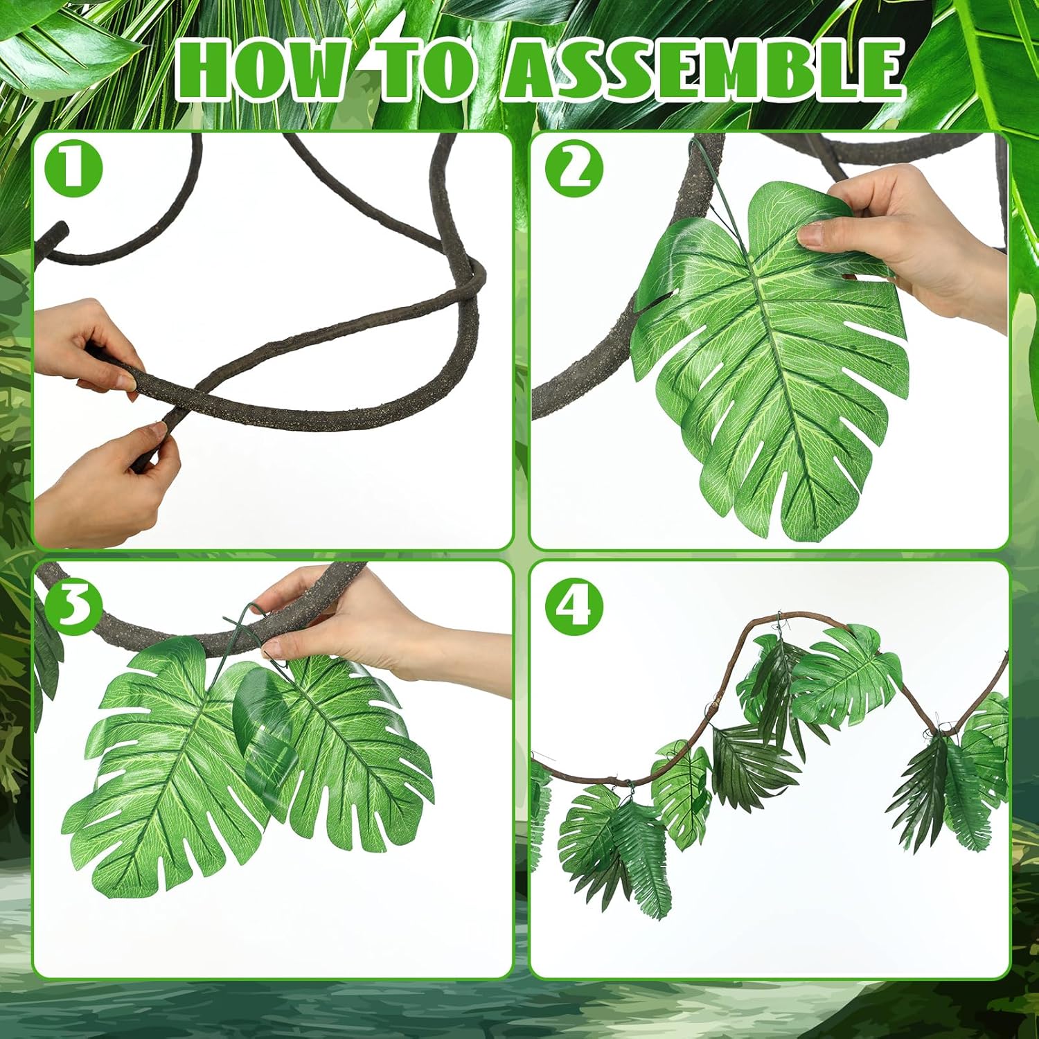 Preboun 20ft Jungle Theme Party Decorations Tropical Rainforest Leaves Safari Artificial Rattan Decoration with 100 Pcs Fake Tropical Palm Leaves for Indoor Outdoor Forest Garden Party Decor