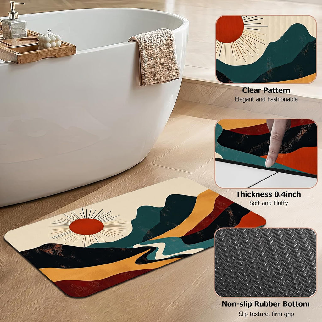 Diatomaceous Earth Bath Mat,Abstract Landscape Bath Rugs,Layered Mountain Non-Slip Thin Absorbent Fast Drying Easy to Clean for Bathroom Laundry Home Kitchen Door Mat 17x29.5Inch