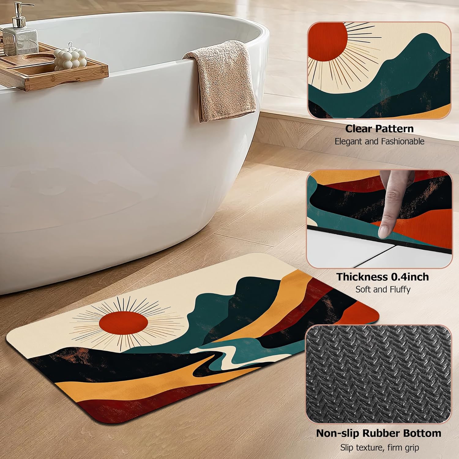 Diatomaceous Earth Bath Mat,Abstract Landscape Bath Rugs,Layered Mountain Non-Slip Thin Absorbent Fast Drying Easy to Clean for Bathroom Laundry Home Kitchen Door Mat 17x29.5Inch