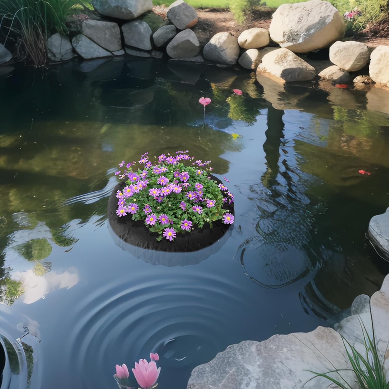 DECOHS 17.3" Floating Planters for Ponds, Woven Fabric Floating Pond Plant Baskets, Aquatic Plant Fish Barrier Floating Island for Garden Water Features and Aquascape Decoration