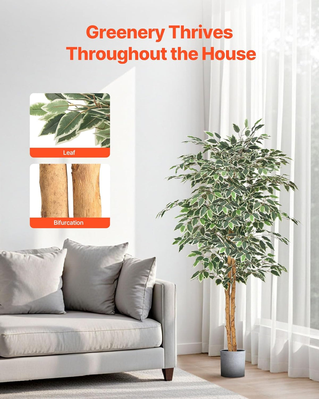 VEVOR 5FT Artificial Ficus Tree with Black Pot, Tall Faux Ficus Plant with Natural Wood Trunk and Realistic Green Leaves, Indoor Fake Silk Tree for Home, Office, Living Room, or Corner Décor