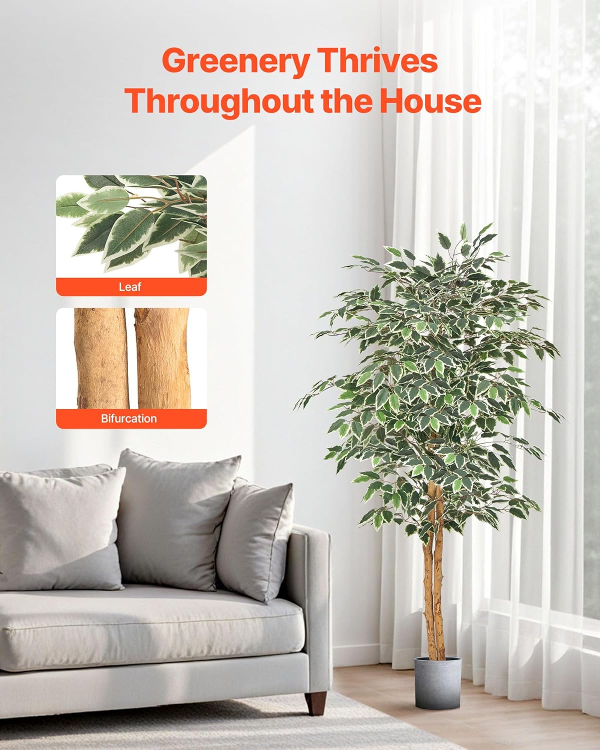 VEVOR 5FT Artificial Ficus Tree with Black Pot, Tall Faux Ficus Plant with Natural Wood Trunk and Realistic Green Leaves, Indoor Fake Silk Tree for Home, Office, Living Room, or Corner Décor