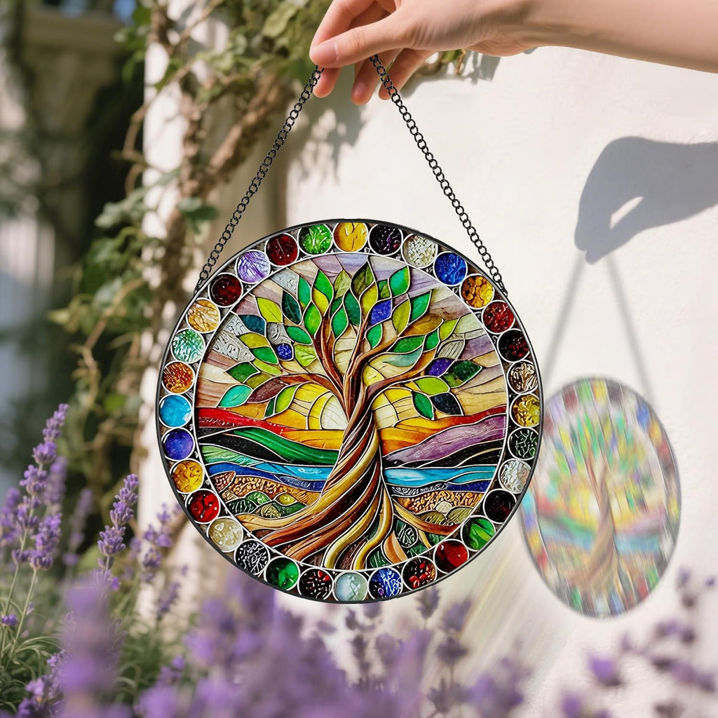 8-Inch Colorful Tree of Life Stained Glass Suncatcher & Ornament – Stained Glass Window Hanging & Decor, Sun Catchers for Windows Indoor, Gifts for Women, Gifts for Christmas, Housewarming Gift