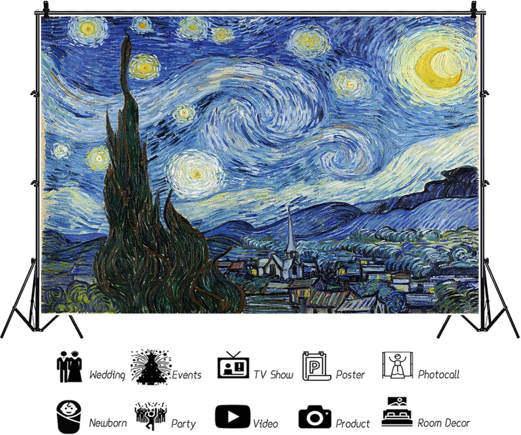 Baocicco 6x4ft Vincent Van Gogh Artwork Starry Sky Backdrop Famous Post-Impressionism Oil Painting Photography Background Wallpaper Decoration Birthday Party Baby Shower Wedding Photo Studio Props