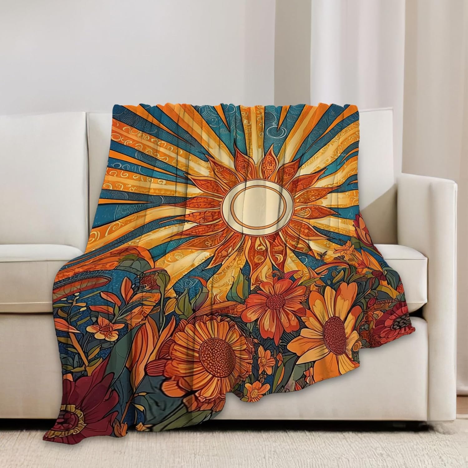 Sunflower Blanket Boho Sunrise Floral Throw Blankets Gifts for Girls Boys Kids Sunflower Lovers Soft Cozy Fleece Plush for Couch Sofa Bed 60"x50"