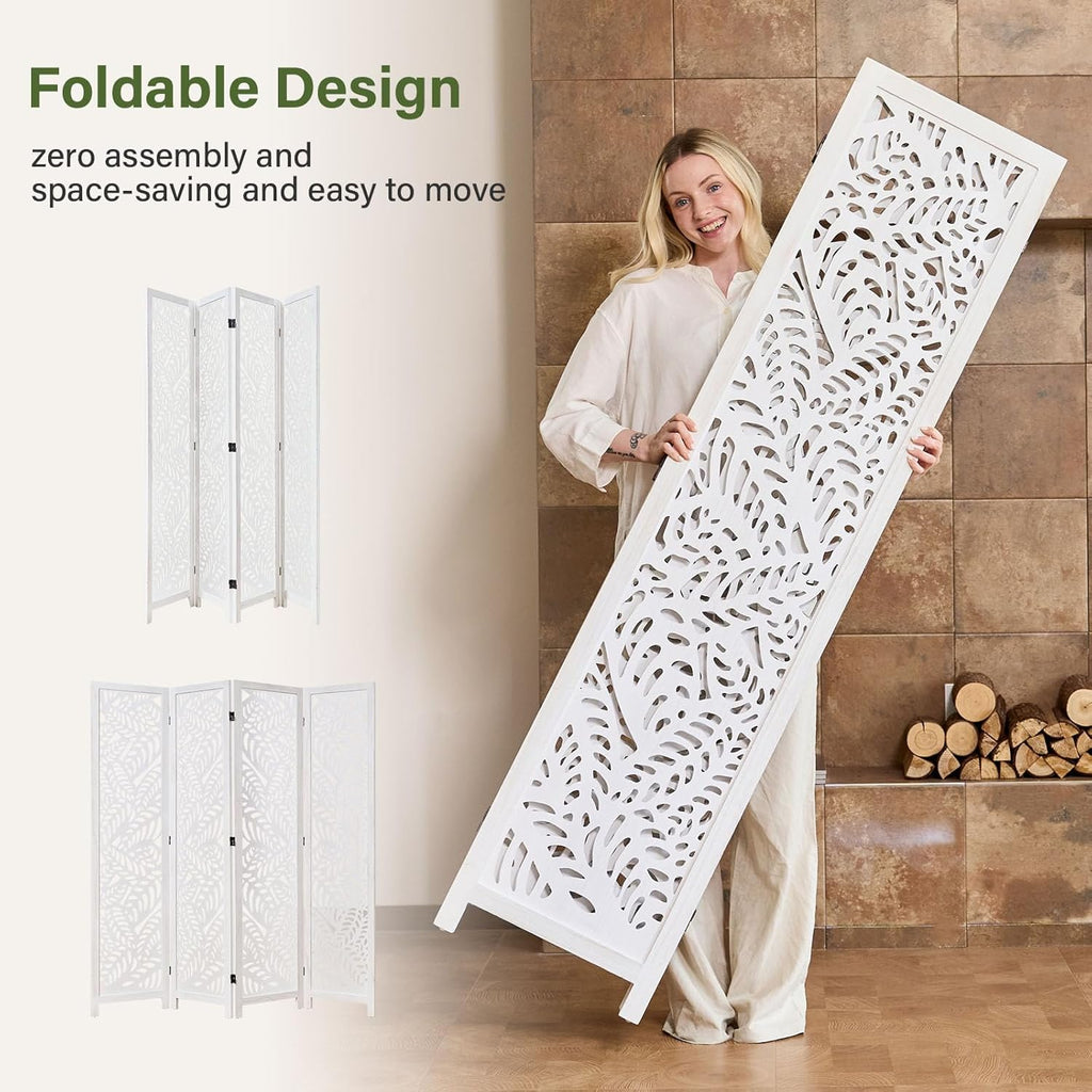 Leaf-Carved Room Divider Privacy Screen - 67 Inch Tall Foading Decorative Wood Screen Dividers Panel for Home - Natural Wood Room Partitions for Enhanced Privacy and Style White 4 Panel