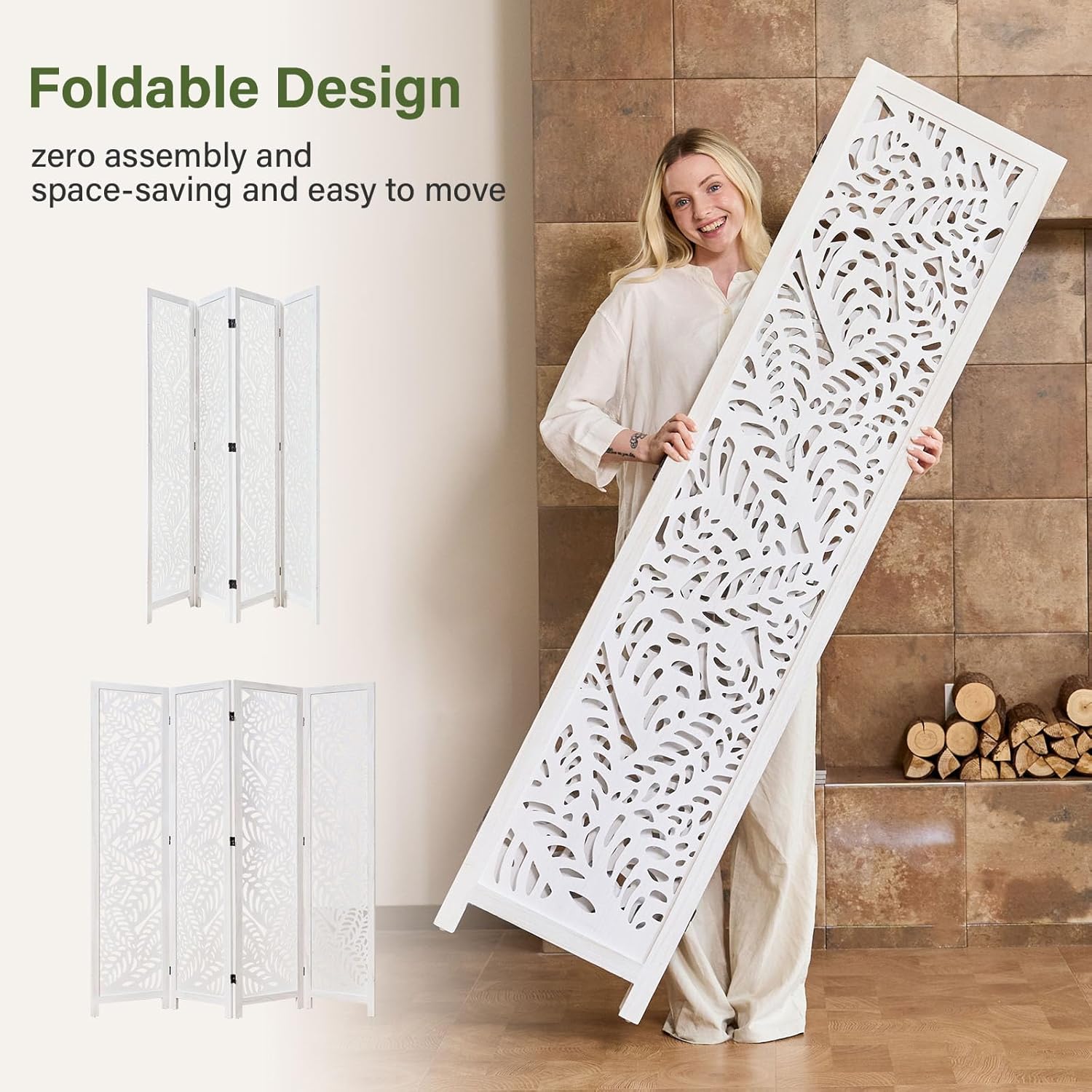 Leaf-Carved Room Divider Privacy Screen - 67 Inch Tall Foading Decorative Wood Screen Dividers Panel for Home - Natural Wood Room Partitions for Enhanced Privacy and Style White 4 Panel