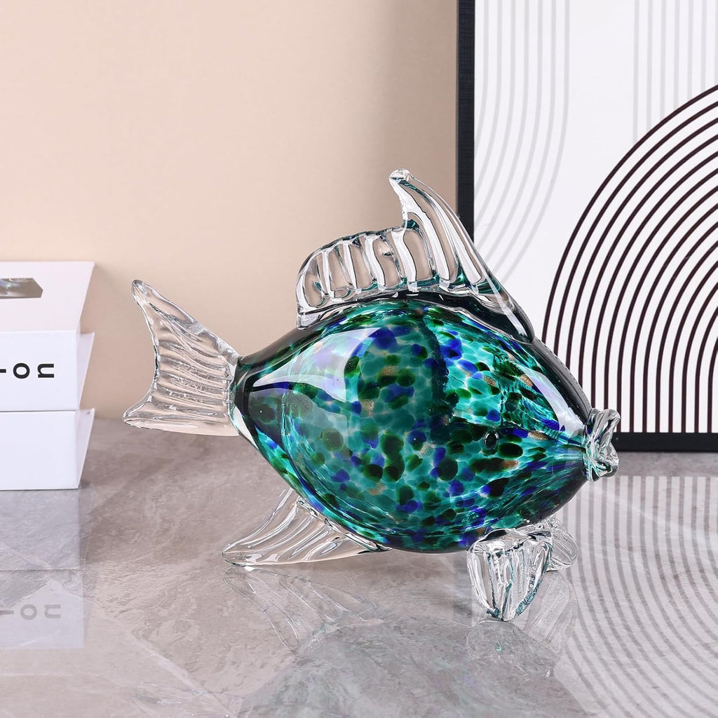 LCCCK Large Hand Blown Glass Fish Figurines, Aquarium Sea Glass Art, Fish Statue Sculpture Modern Coastal Accent - for Beach Knick Knacks, Coffee Tables, Nautical Offices Centerpiece (Teal)