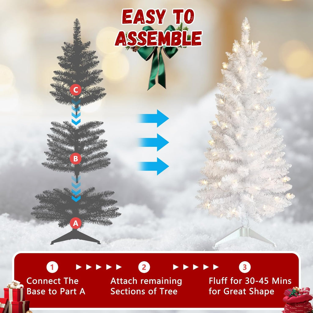 4ft Artificial Full White Christmas Tree with Separate Lights, Not Pre-lit Mini White Tinsel Pine Christmas Tree, 50 Lights, Small Xmas Tree for Home, Office, Party Decoration, Indoor