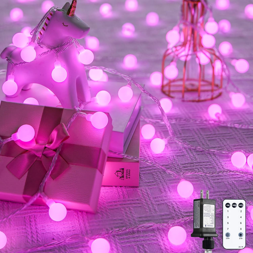 JMEXSUSS 100 LED Pink Christms Lights Indoor, Connectable Globe String Lights Plug in, 8 Modes 33ft Pink Fairy Light with Remote for Bedroom Girl's Room Tree Anniversary Party Christmas Decor