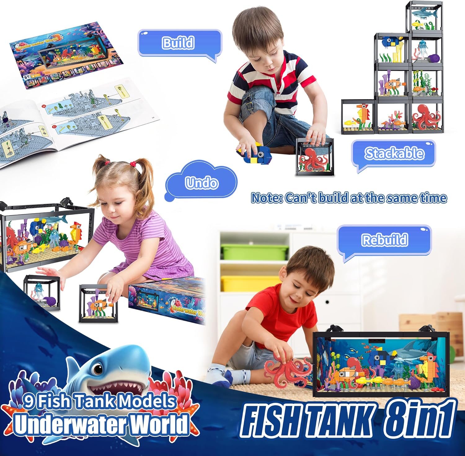 8 in 1 Fish Tank Building Sets, Marine Aquarium Building Block with LED Light Party Favors 9 Model Toy Including Octopus Crab, Christmas Birthday Gifts for Boys Girls Kids Ages 6 8 10 12+