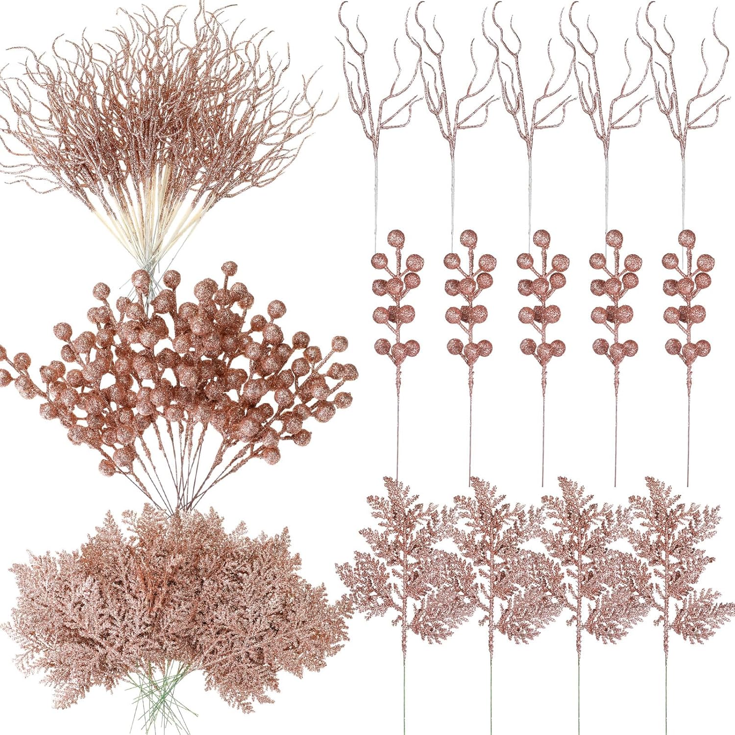75 Pcs Christmas Glitter Branches 3 Styles Artificial Christmas Picks Berries Stems Pine Needles Floral Twig Spray for Xmas Tree Ornaments DIY Wreath Garland(Rose Gold)