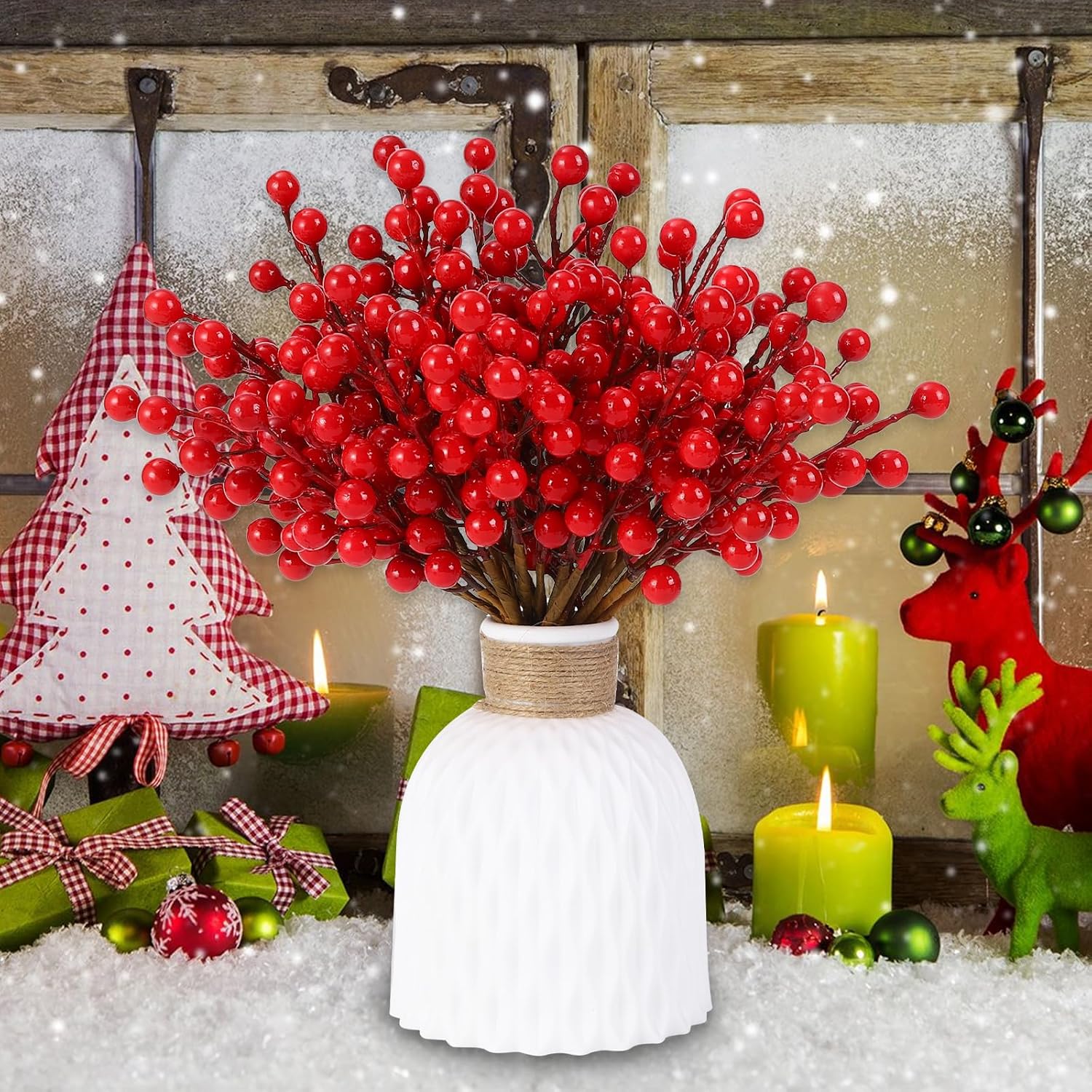 32 Pack Artificial Red Berry Stems, Christmas Red Berries Picks Holly Berry Branches for Christmas Tree Ornaments Xmas Wreath DIY Crafts Winter Holiday Home Decoration