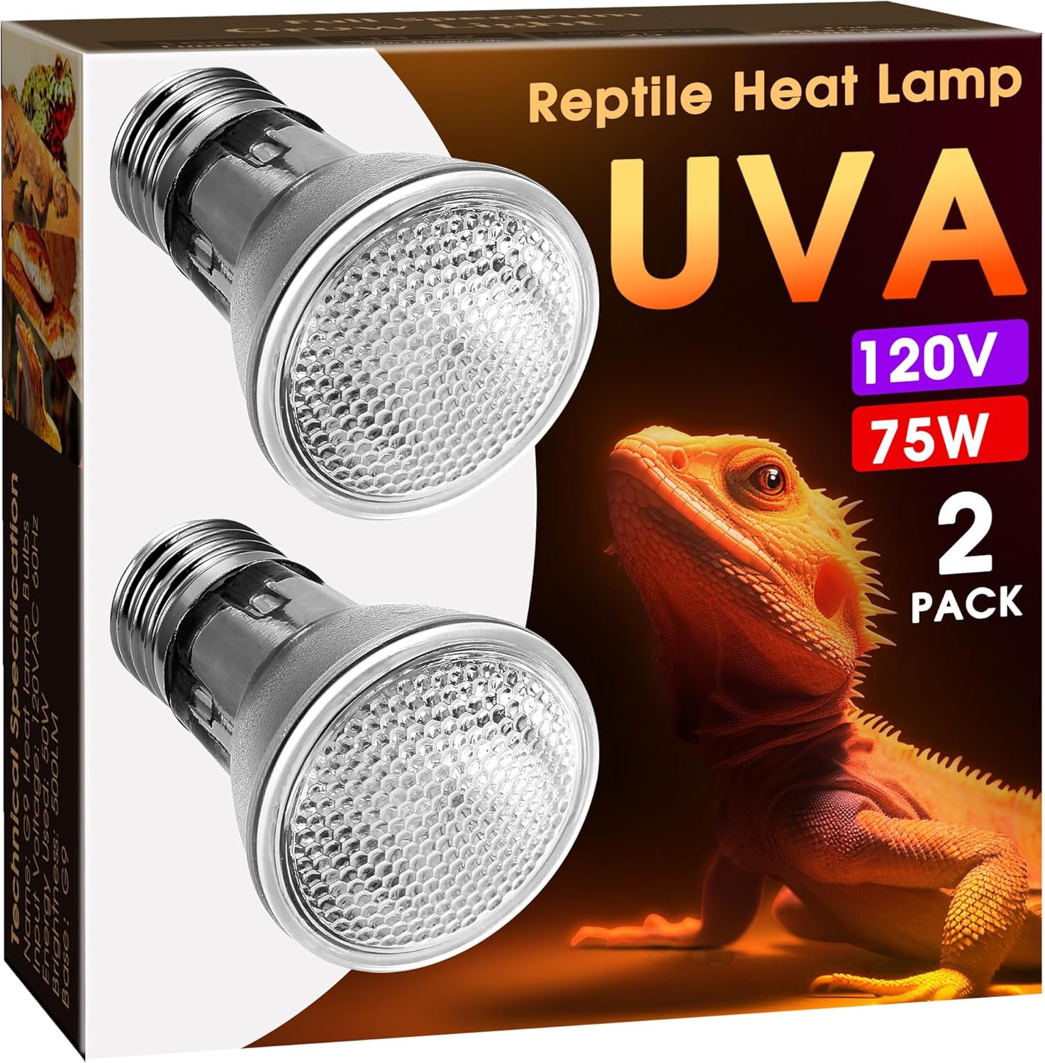 Briignite Reptile Heat Bulb 2 Pack, 75W UVA Reptile Light Bulbs, Dimmable Heat Lamp Bulbs Basking Spot Light Bulb for Reptiles, Amphibian, Bearded Dragon, Lizard, Chicken