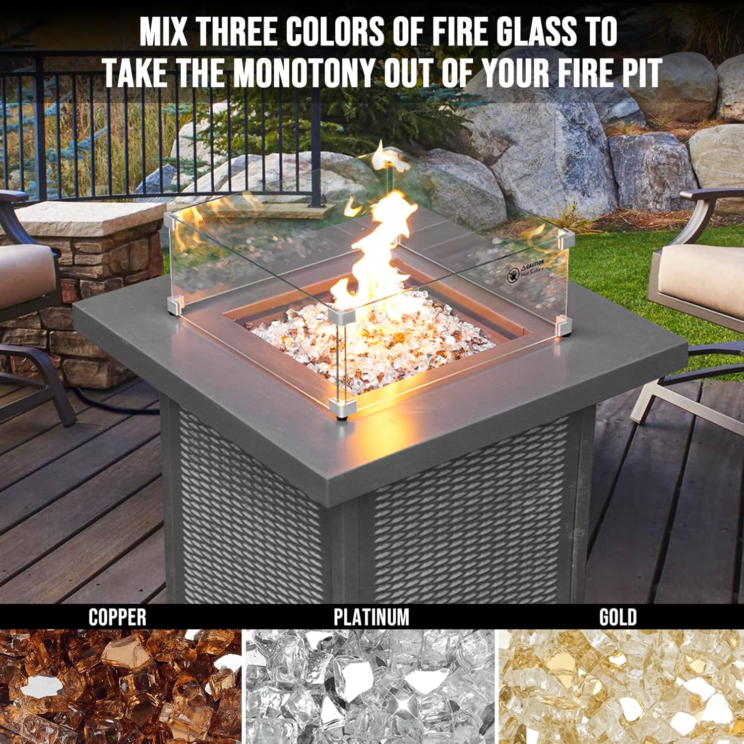 Skyflame 10-Pound Blended Fire Glass for Fire Pit Fireplace Landscaping - 1/2 Inch Reflective Tempered Fireglass Gold, Platinum, Copper