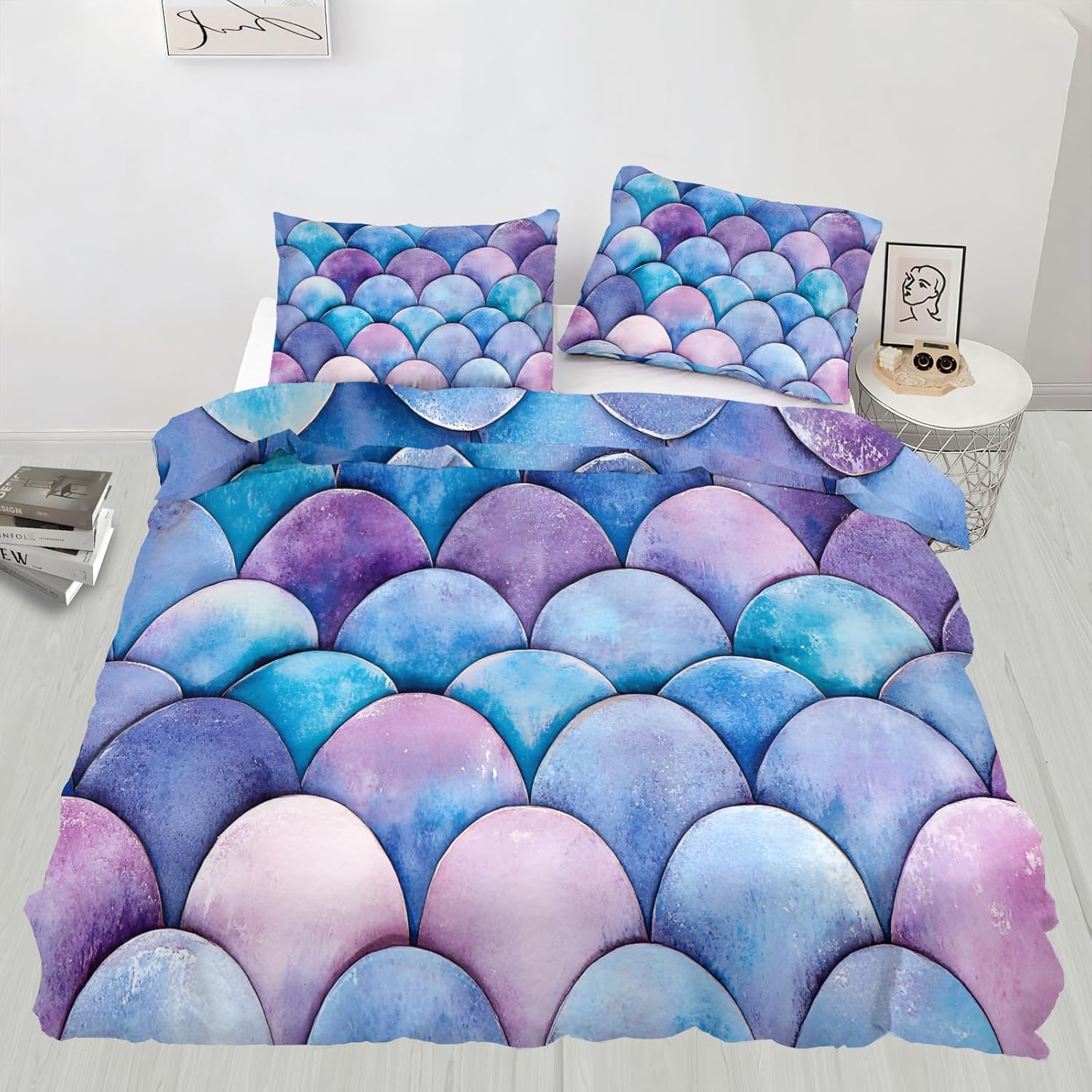 Purple Fish Scales Duvet Cover California King, Colorful Scales Bedding Set 3 Piece Bedroom Decor Dream Fairytale Comforter Cover with Zipper Ties & 2 Pillowcases