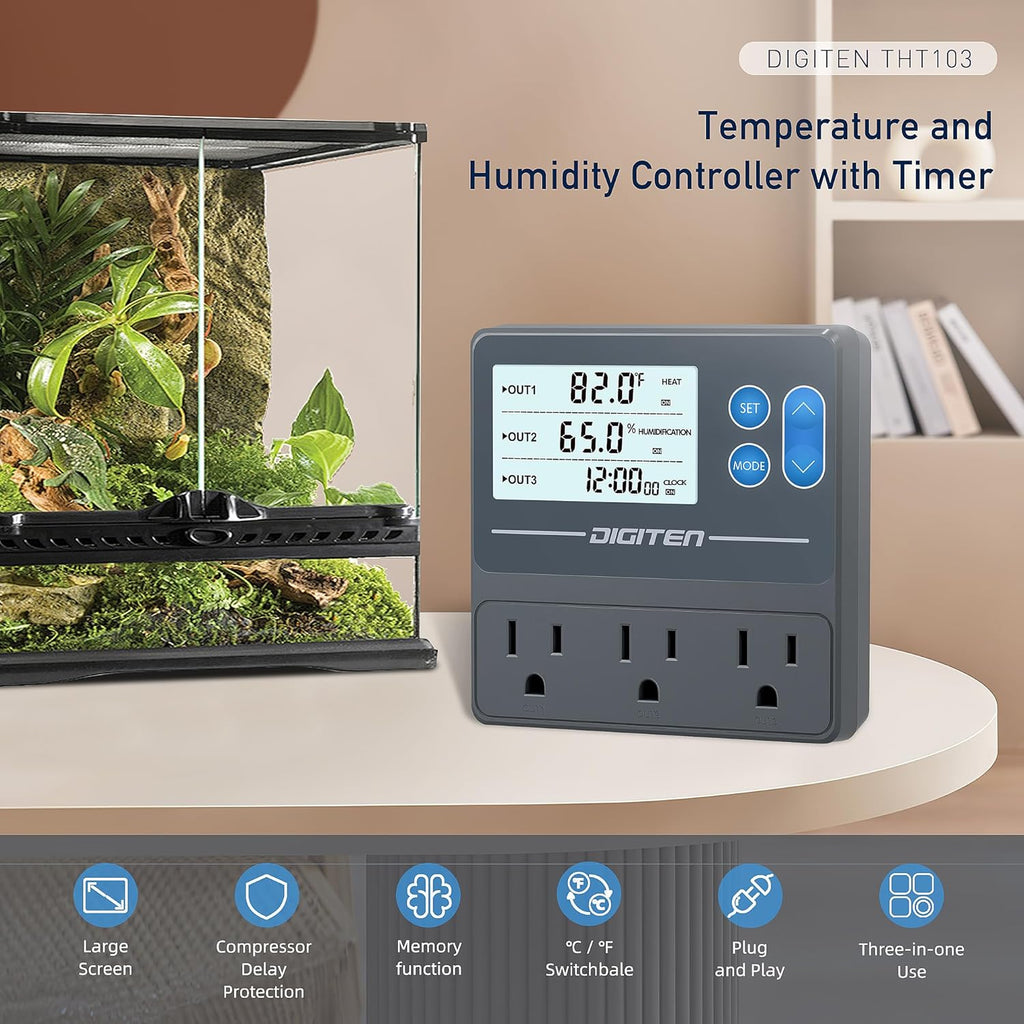 DIGITEN Reptile Temperature and Humidity Controller with Timer Outlet, Day-Night Function Thermostat, 3-Stage Outlet Plug in Temperature Controller for Reptile, Mushroom, Homebrew
