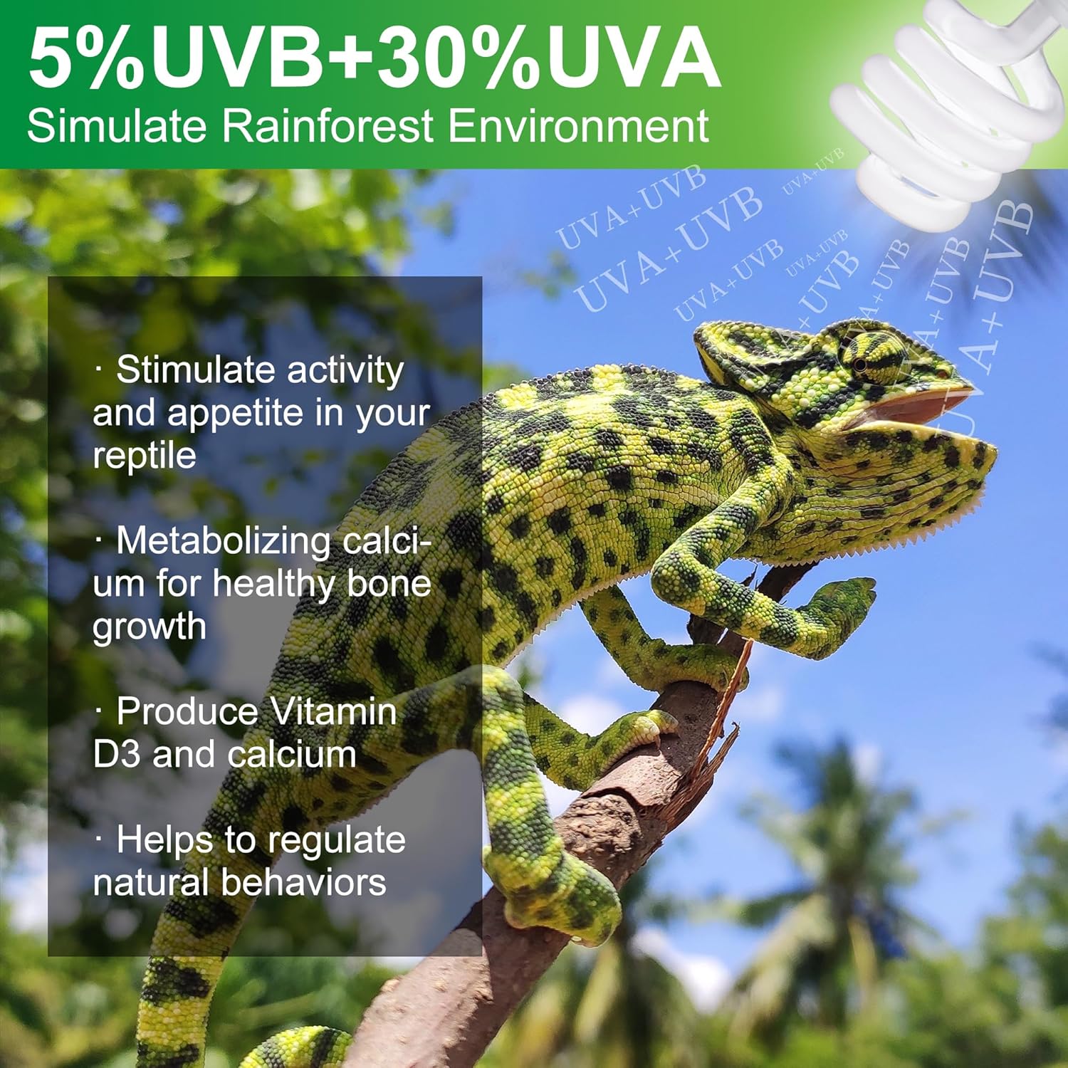 UVB Reptile Light Bulb 5.0, 23W UV Spiral Compact Florescent Terrarium Lamp Ideal for Tropical Reptiles Bearded Dragon Hermit Crab Turtle Leopard Gecko Tank Chameleons Iguanas Snake - 2 Pack
