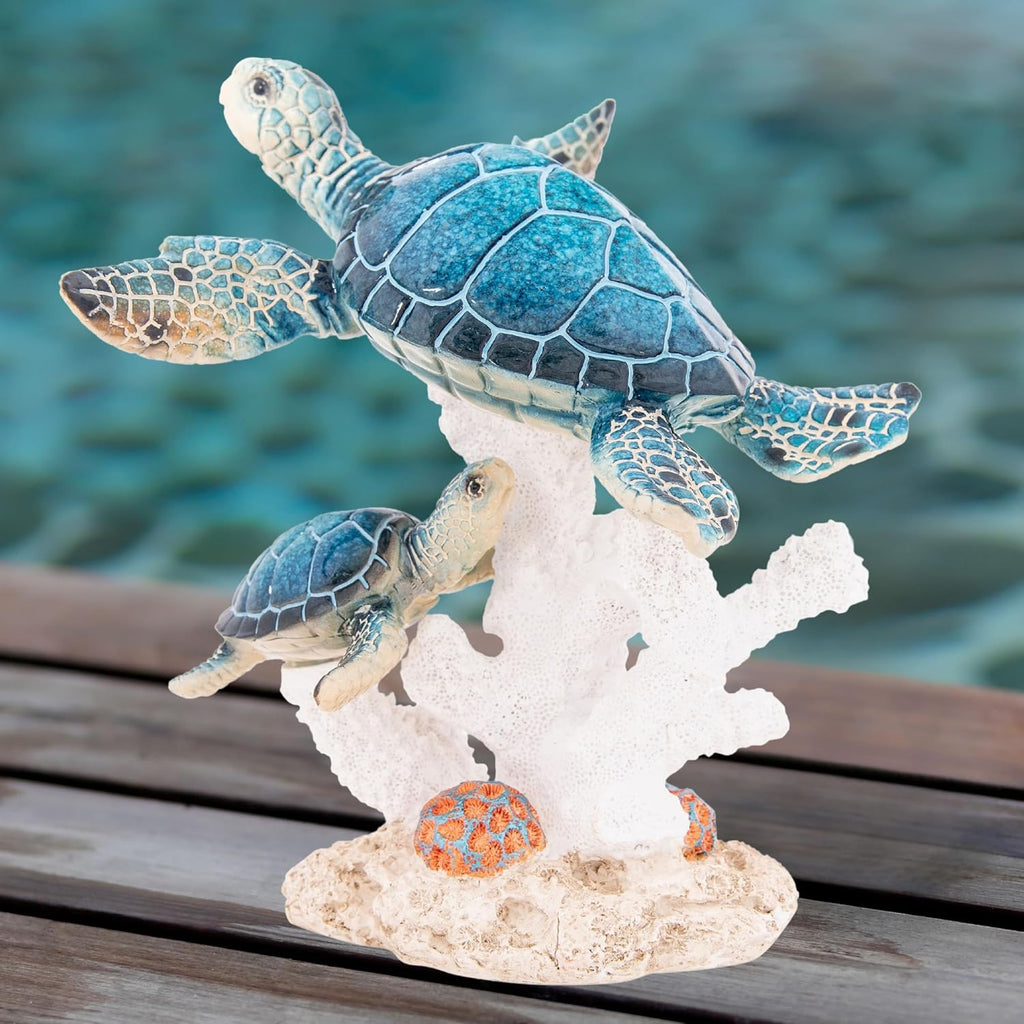Sea Turtle Decor Figurine Blue Turtles Swimming on Coral Reef Base Beach House Coastal Decor