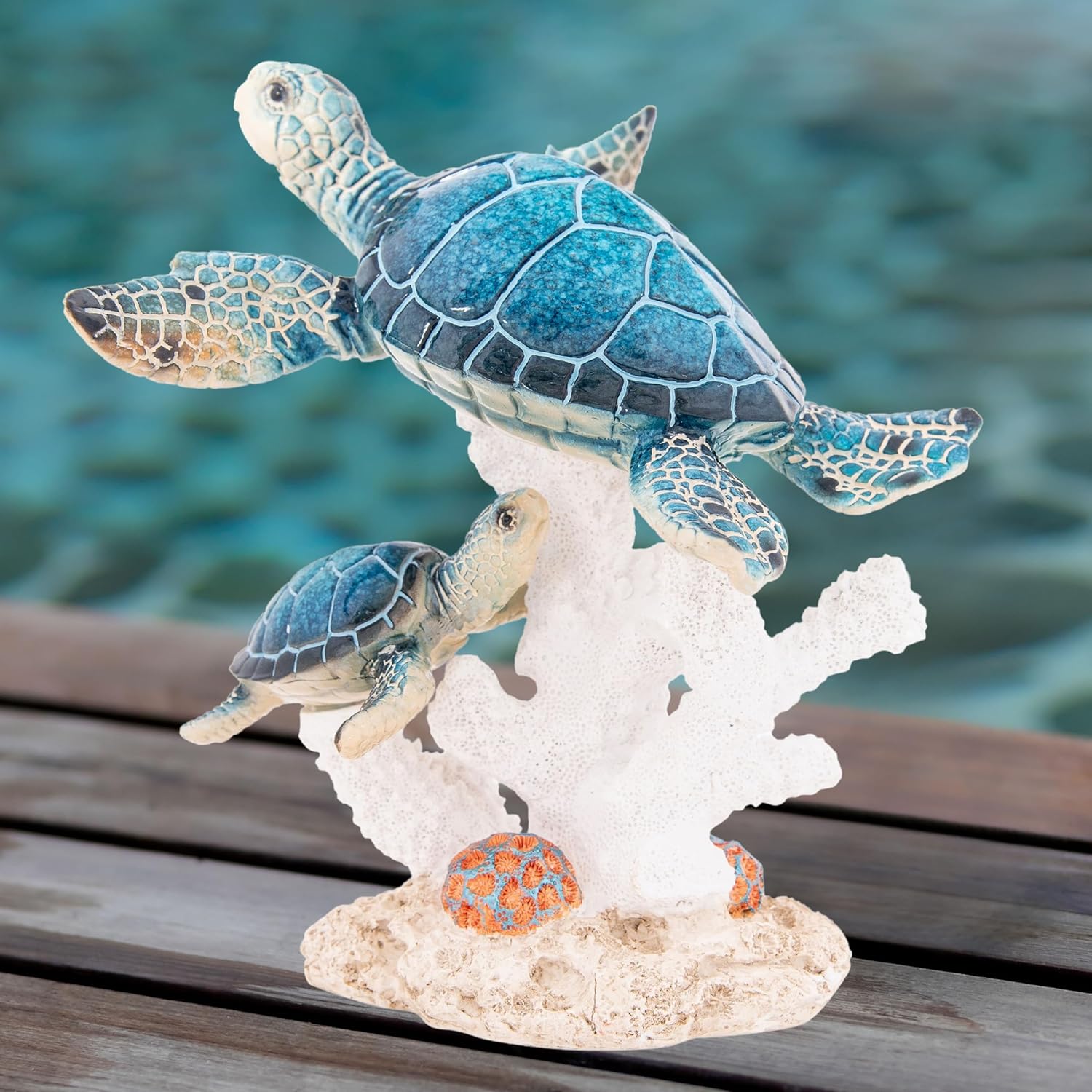 Sea Turtle Decor Figurine Blue Turtles Swimming on Coral Reef Base Beach House Coastal Decor
