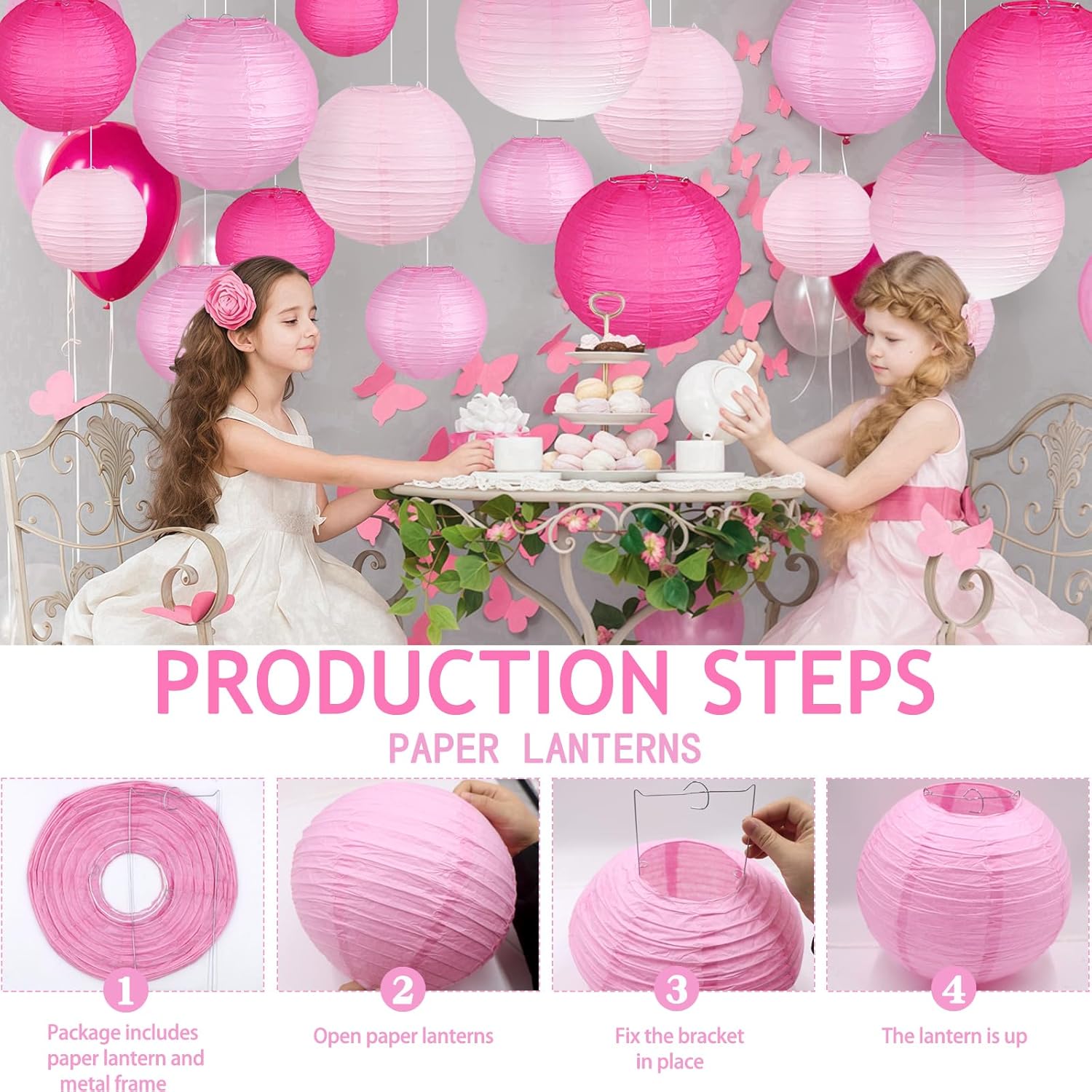 Paper Lanterns Decorative, Gradient Pink Round Hanging Paper Lantern Decorations for Wedding, Valentine's Day, Anniversary, Baby Shower, Girls Birthday Party Supplies, 15Pcs