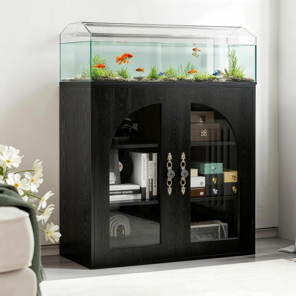20-29 Gallon Fish Tank Stand with Adjustable Shelves, Glass Door Aquarium Stand with Storage Cabinet, 31x15 Reptile Terrarium Stand with Bronzed Metal Handles, Level Footings, 350 Lbs